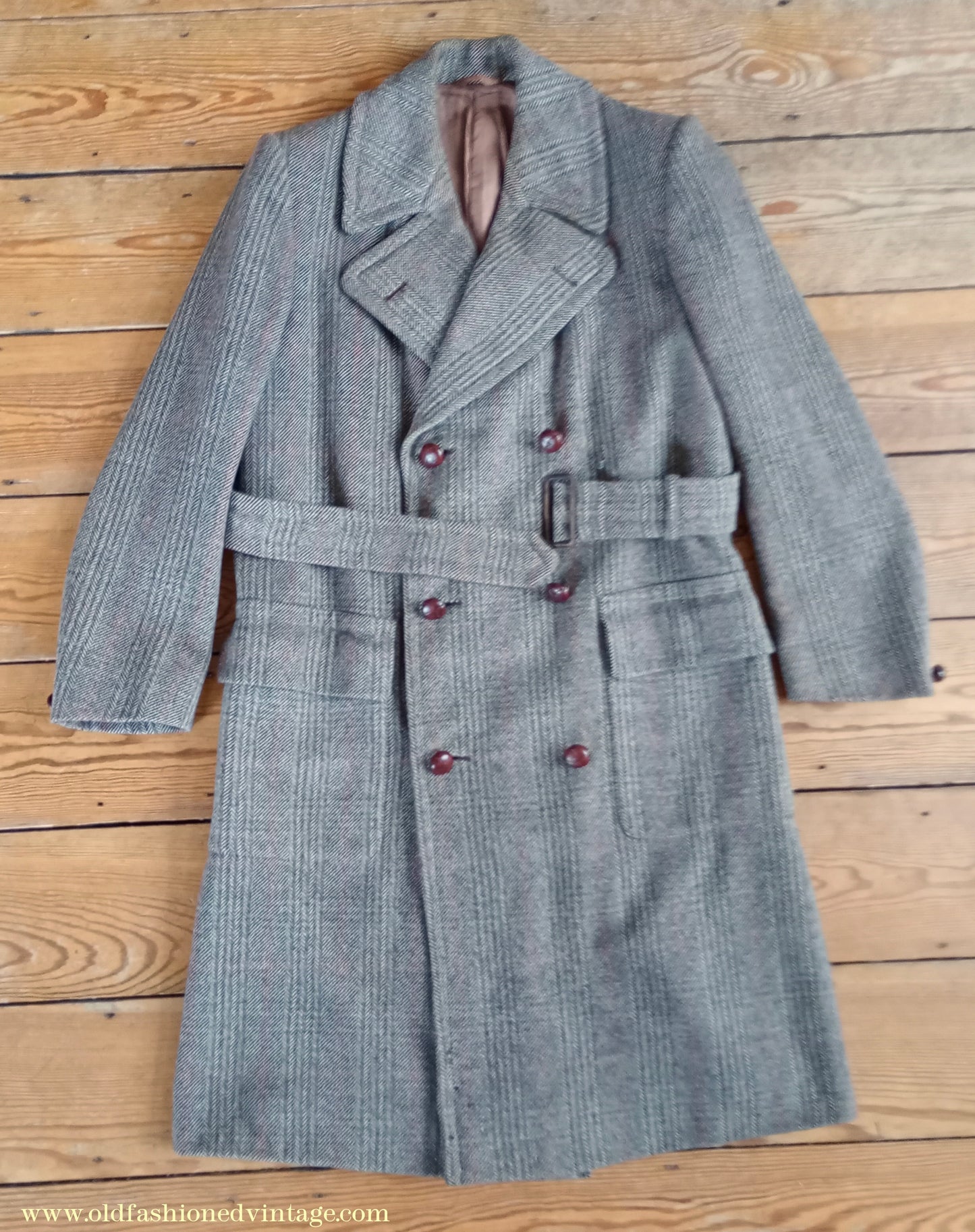 Vintage Mens 1940s CC41 Mens Double Breasted Overcoat Coat Brown Stone Glen Check Wool DB 36"/38"