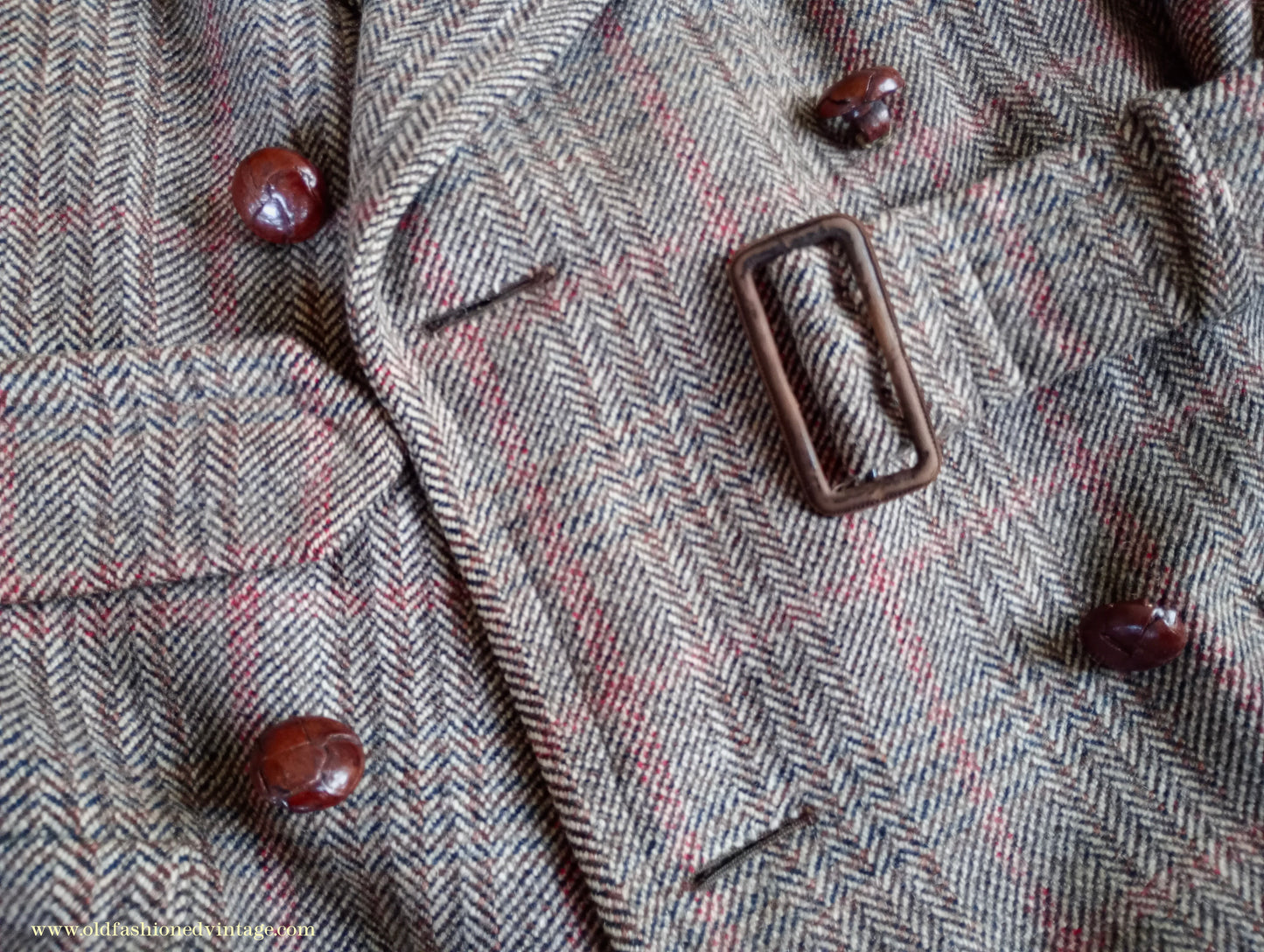 Vintage Mens 1940s CC41 Mens Double Breasted Overcoat Coat Brown Stone Glen Check Wool DB 36"/38"