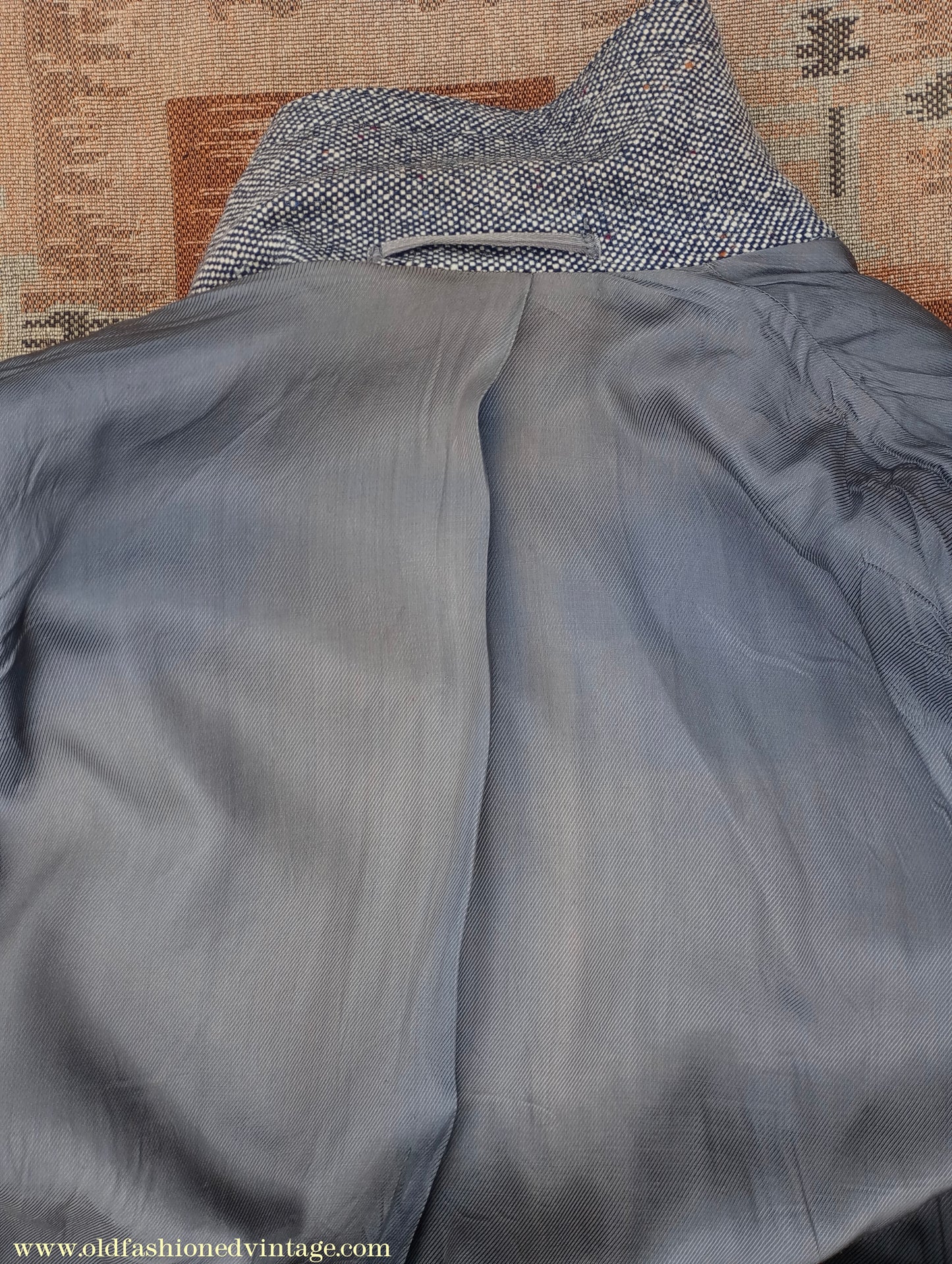 Vintage Mens 1940s Double Breasted Overcoat Coat Black White Grey Donegal Tweed Wool 38" Extra Long