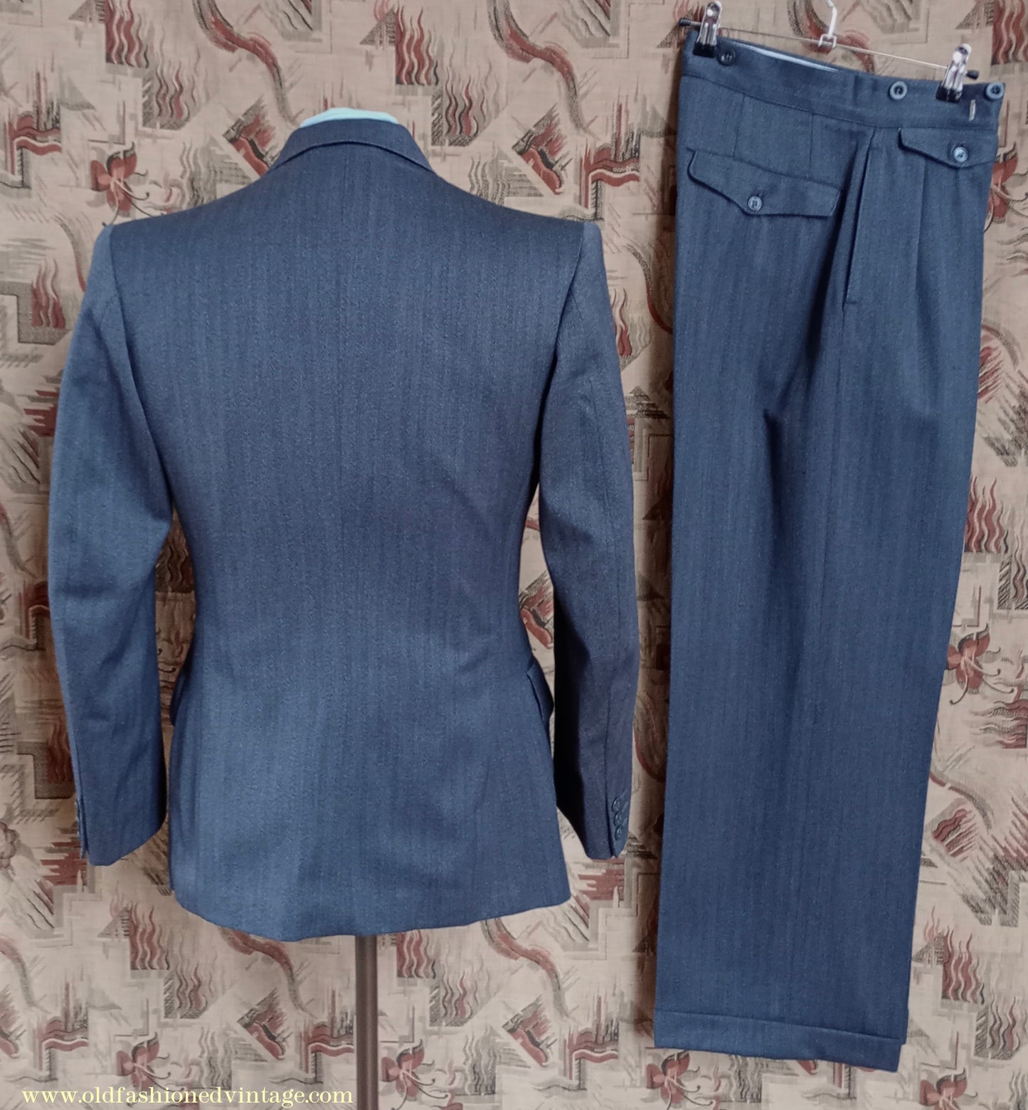 Vintage Mens 1940s 1950s Double Breasted Suit Slate Grey Herringbone Wool 36"
