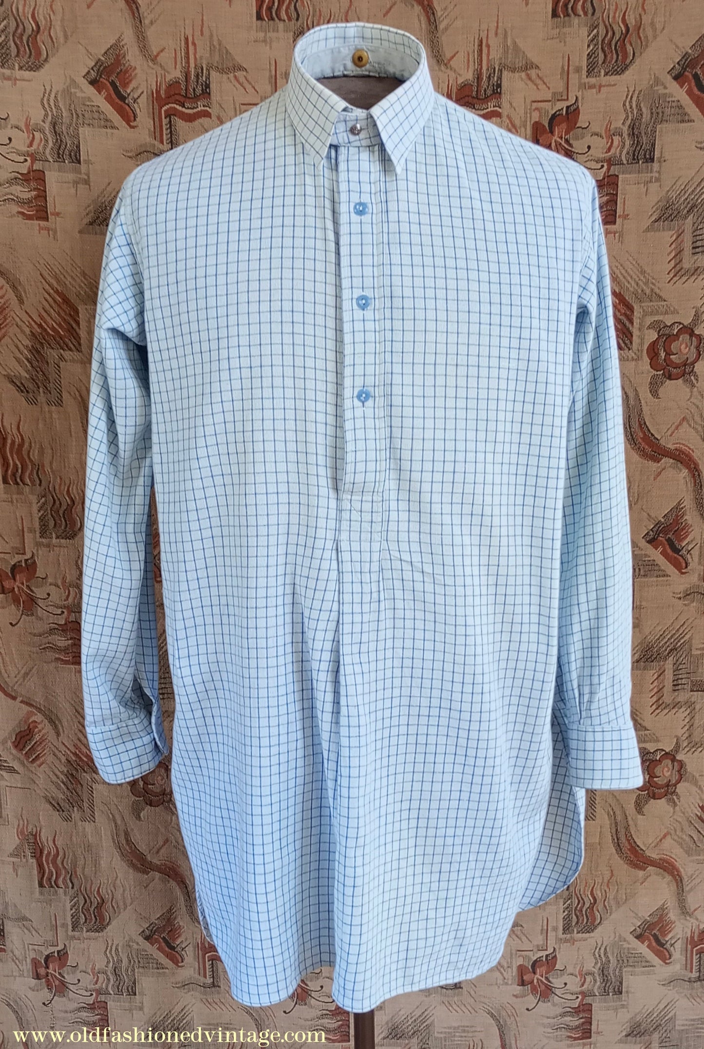Vintage Mens 1940s Radiac Pullover Collarless Shirt & Collars Blue Check Cotton Work Grandad British Half Placket S