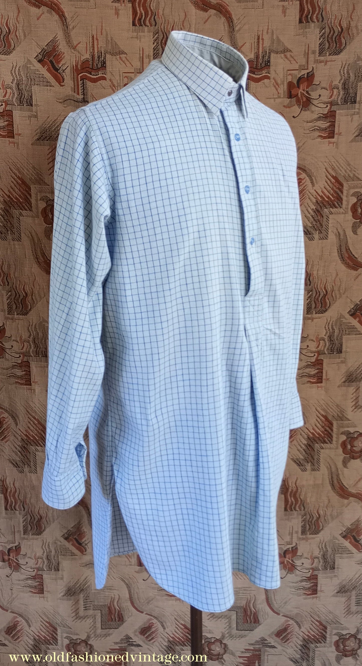 Vintage Mens 1940s Radiac Pullover Collarless Shirt & Collars Blue Check Cotton Work Grandad British Half Placket S