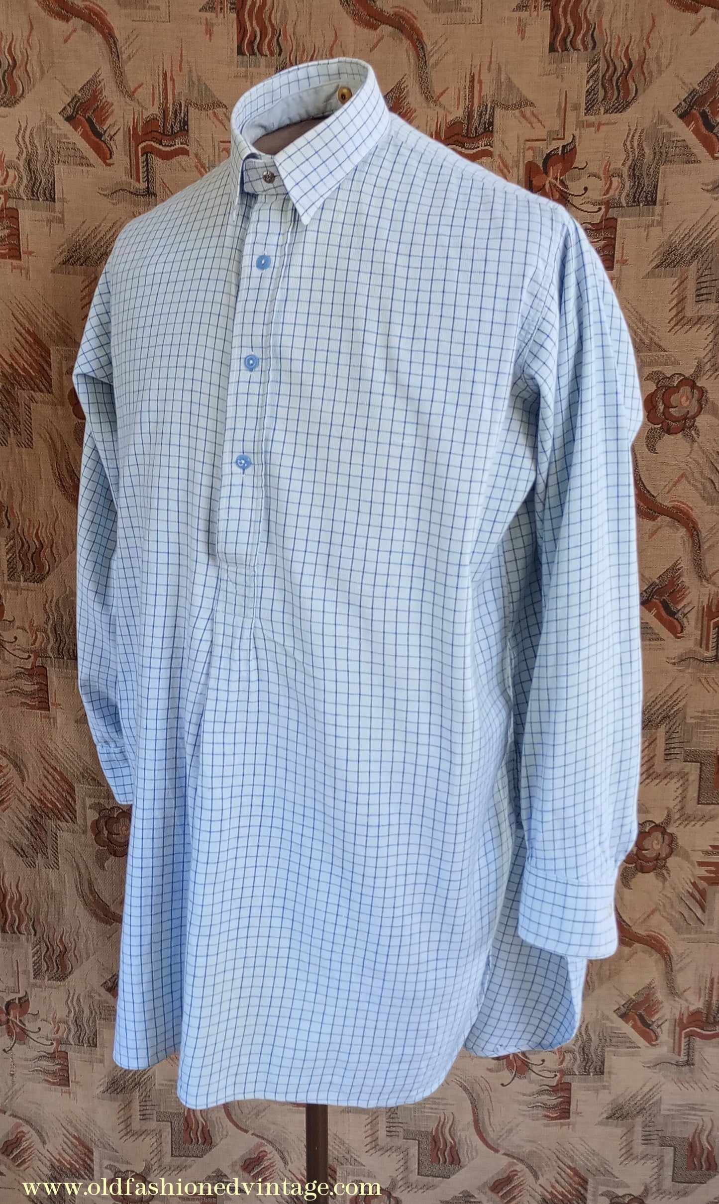 Vintage Mens 1940s Radiac Pullover Collarless Shirt & Collars Blue Check Cotton Work Grandad British Half Placket S