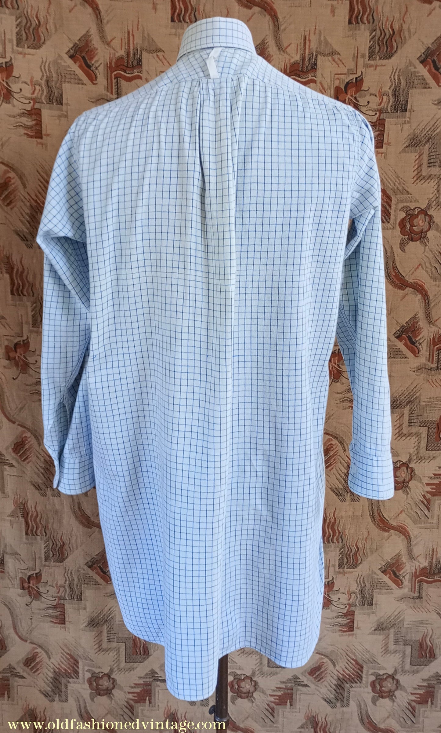 Vintage Mens 1940s Radiac Pullover Collarless Shirt & Collars Blue Check Cotton Work Grandad British Half Placket S