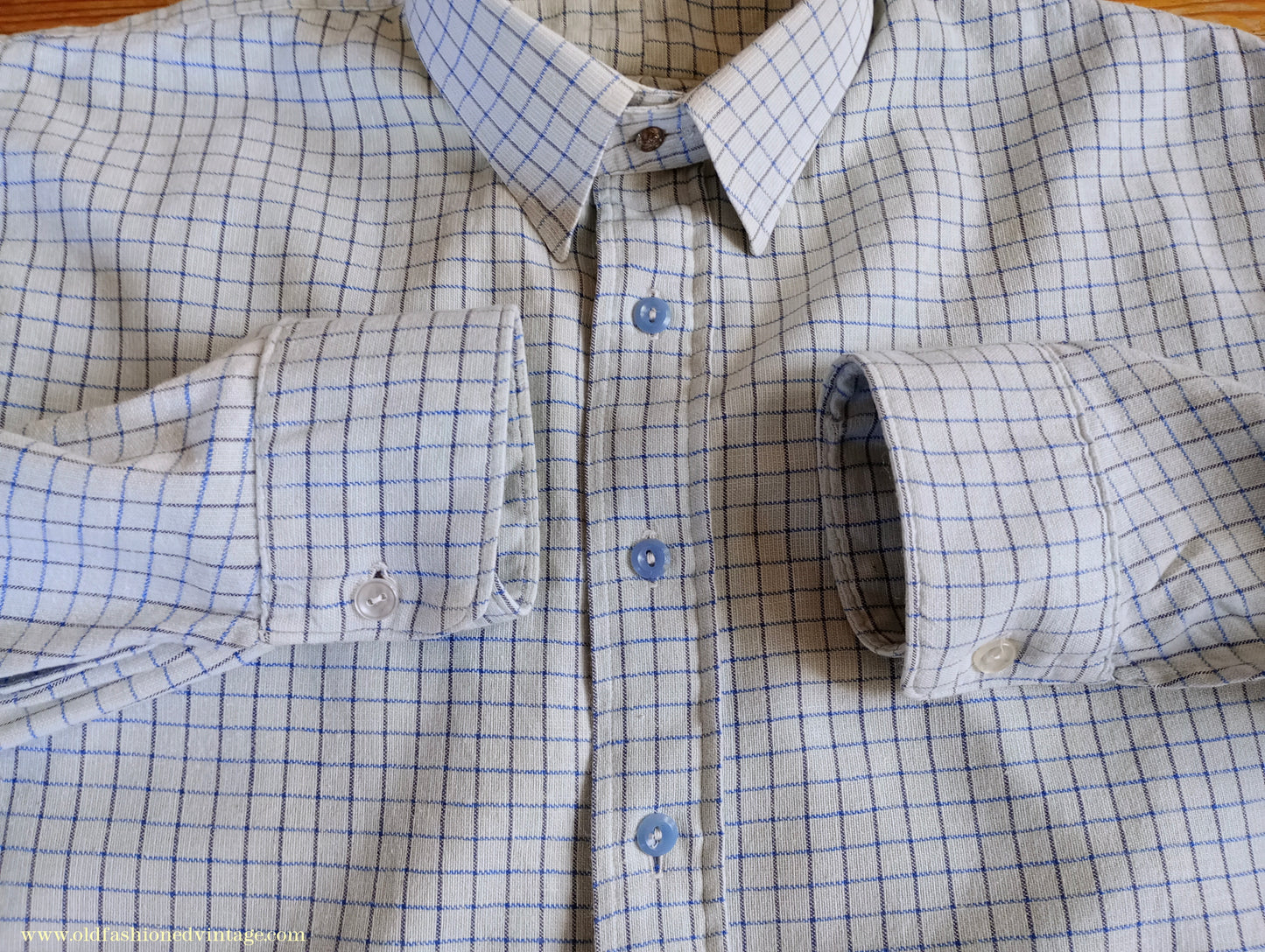 Vintage Mens 1940s Radiac Pullover Collarless Shirt & Collars Blue Check Cotton Work Grandad British Half Placket S