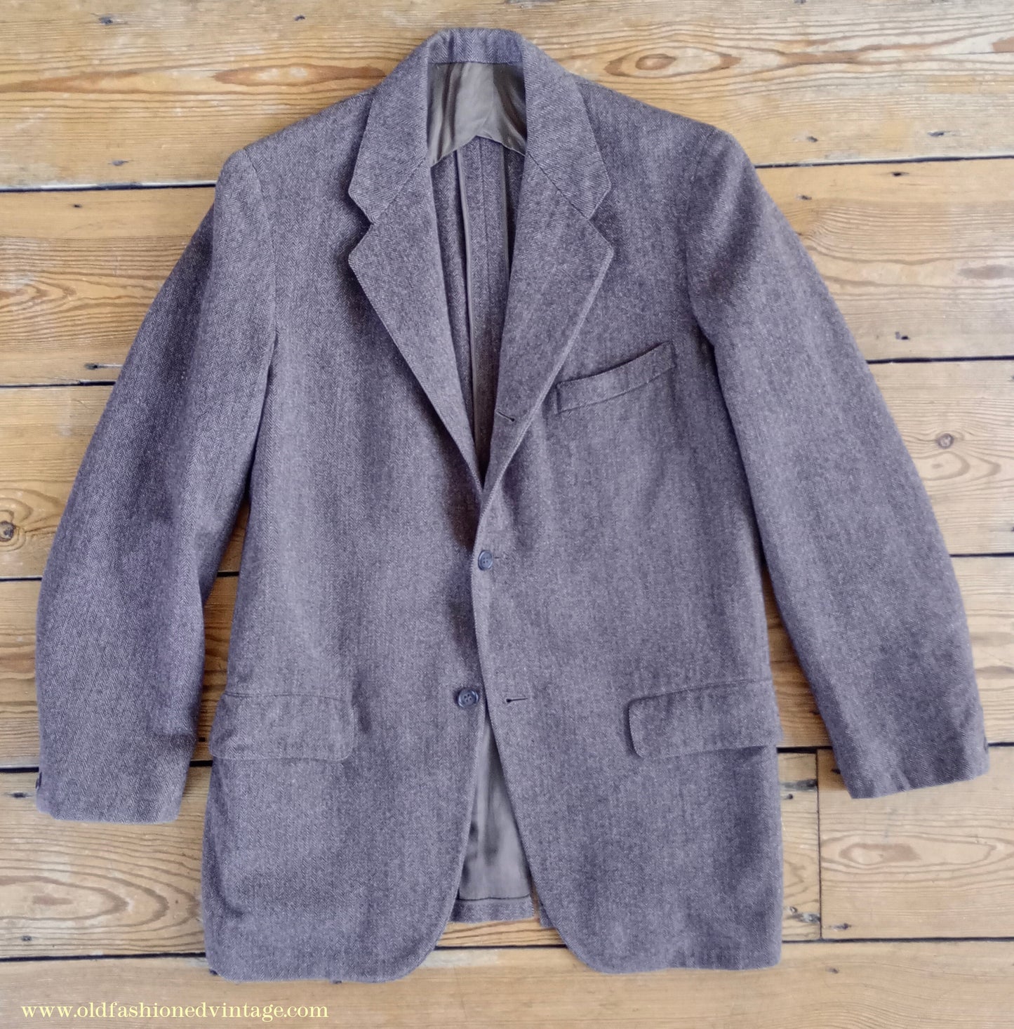 Vintage Mens 1950s American Tweed Suit Ivy Style 3/2 Roll Brown Herringbone Sack Jacket 36"