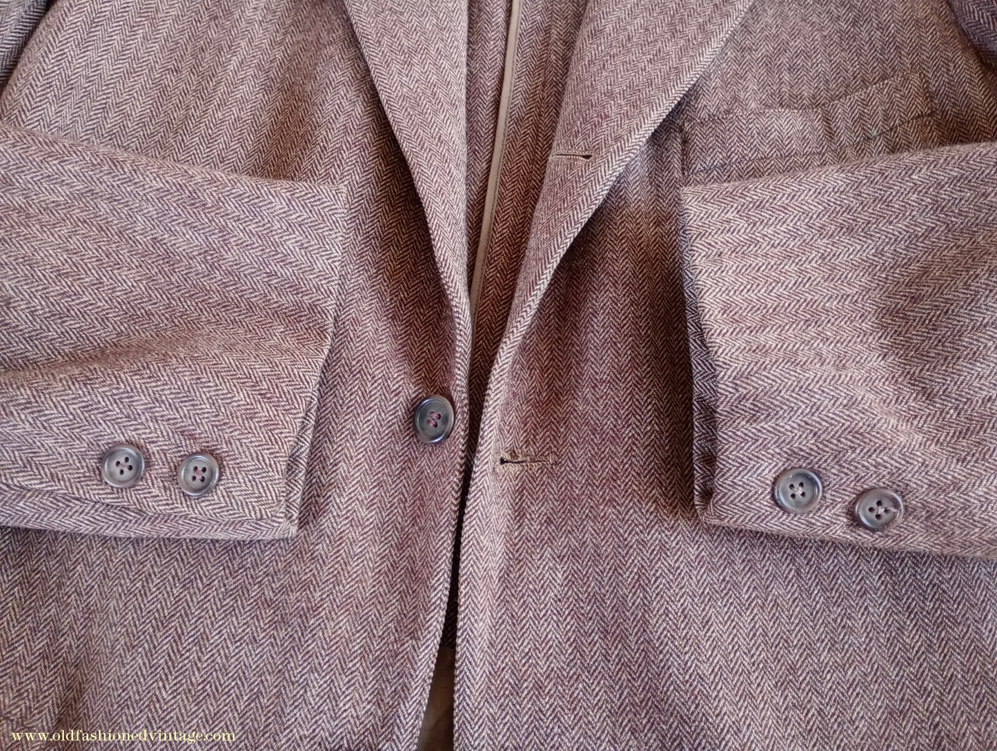 Vintage Mens 1950s American Tweed Suit Ivy Style 3/2 Roll Brown Herringbone Sack Jacket 36"