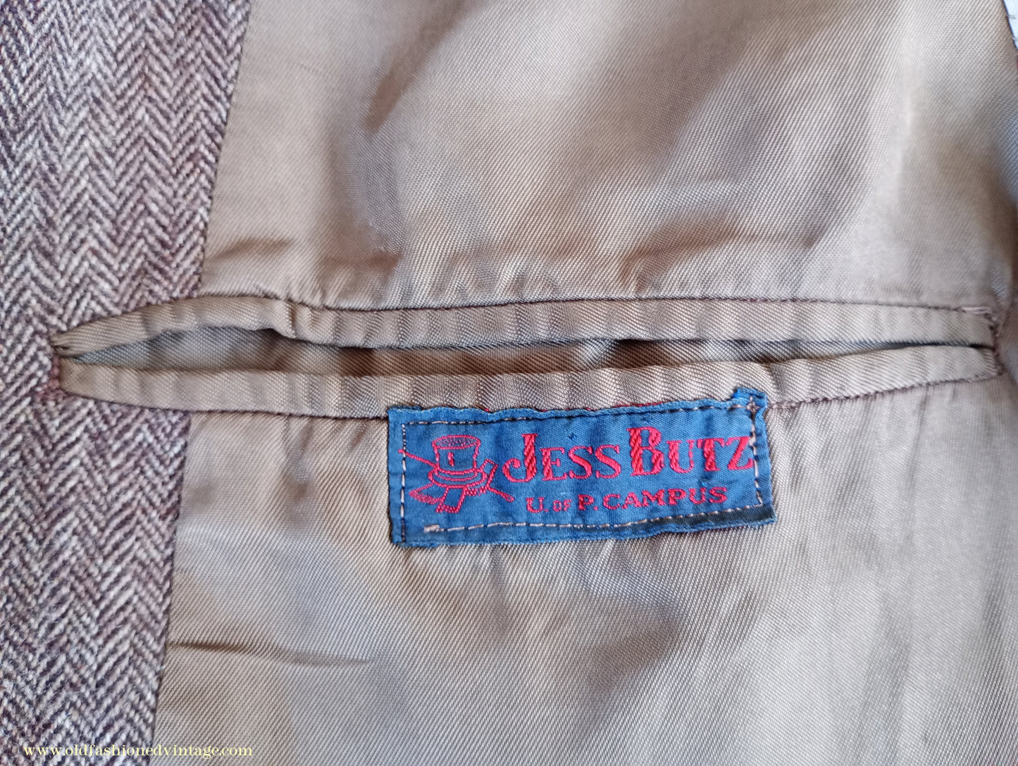 Vintage Mens 1950s American Tweed Suit Ivy Style 3/2 Roll Brown Herringbone Sack Jacket 36"
