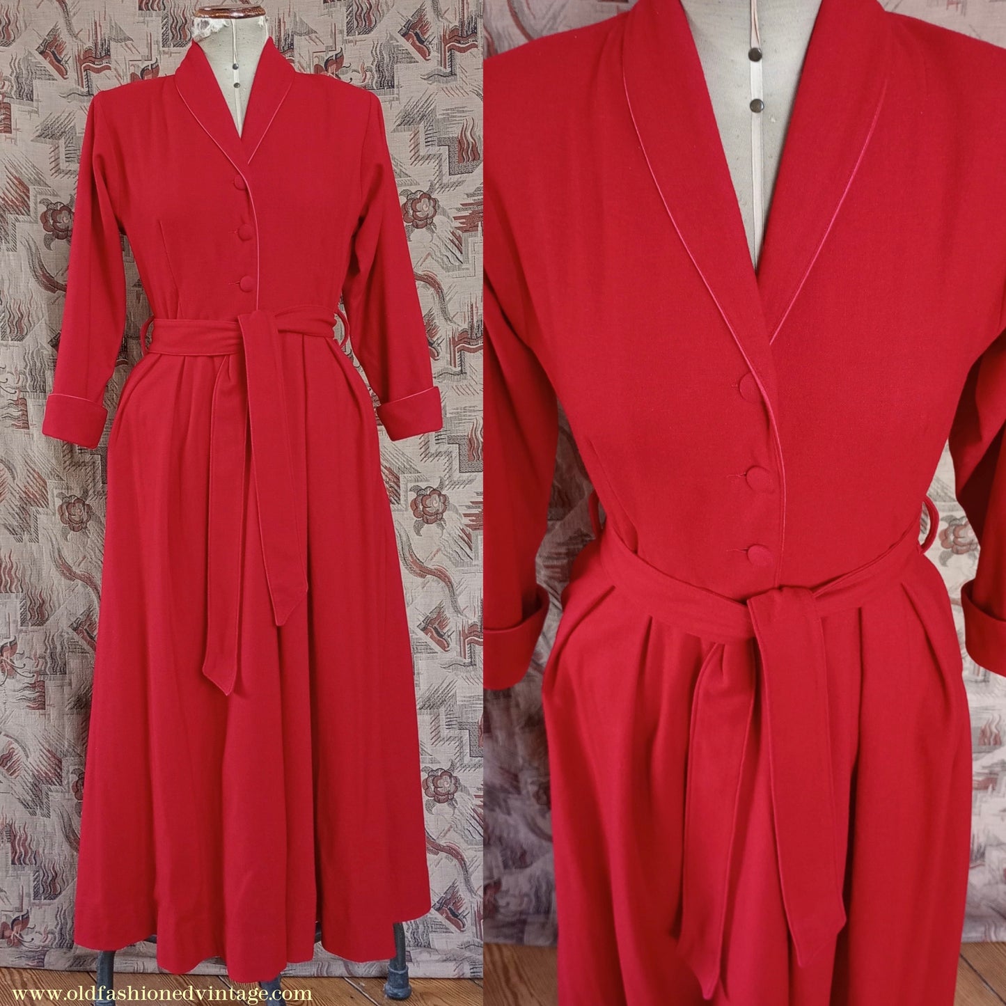 Vintage 1950s Housecoat Dressing Gown Red Wool Robe Zip & Button Front 1940s UK S