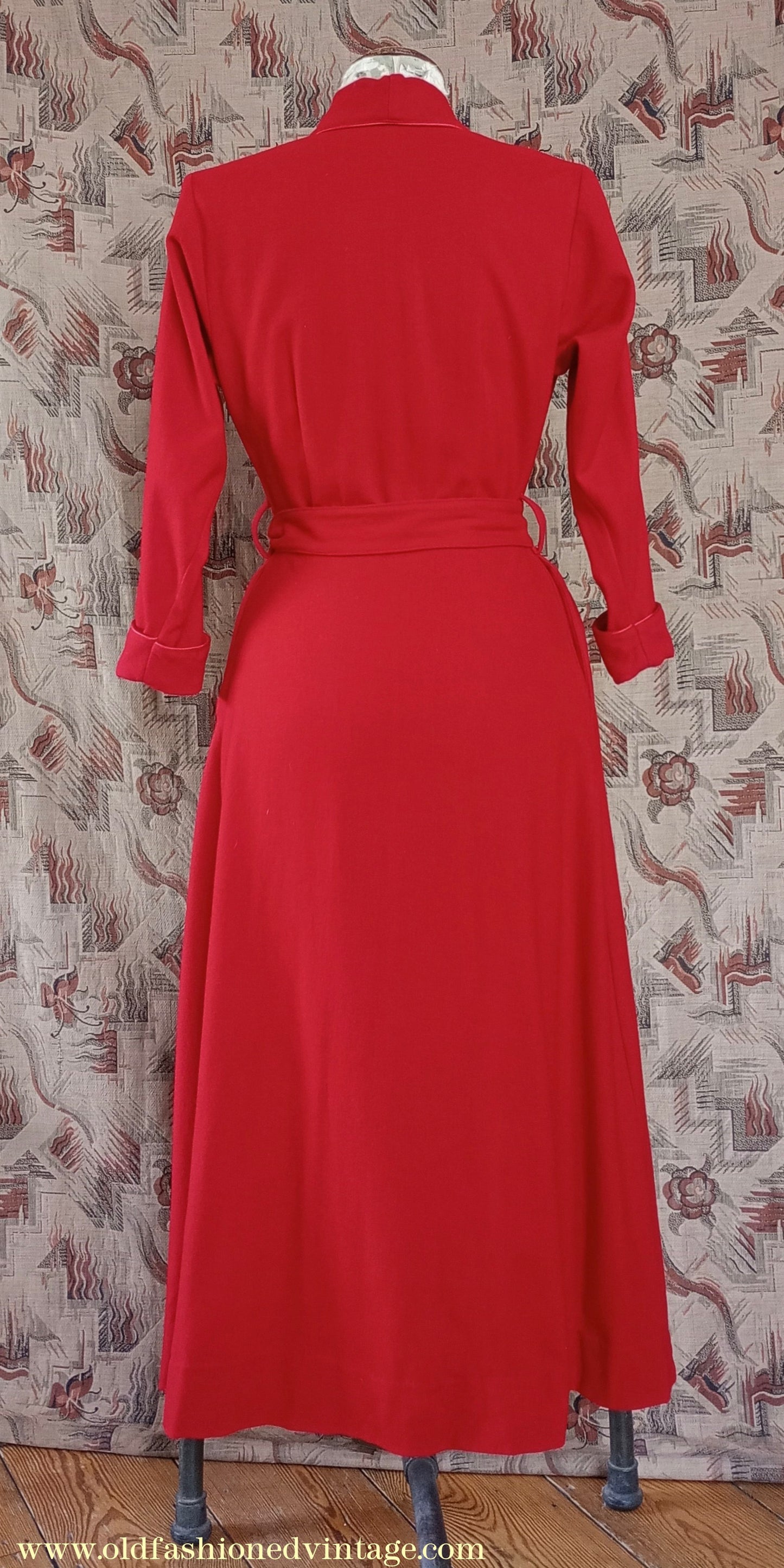 Vintage 1950s Housecoat Dressing Gown Red Wool Robe Zip & Button Front 1940s UK S