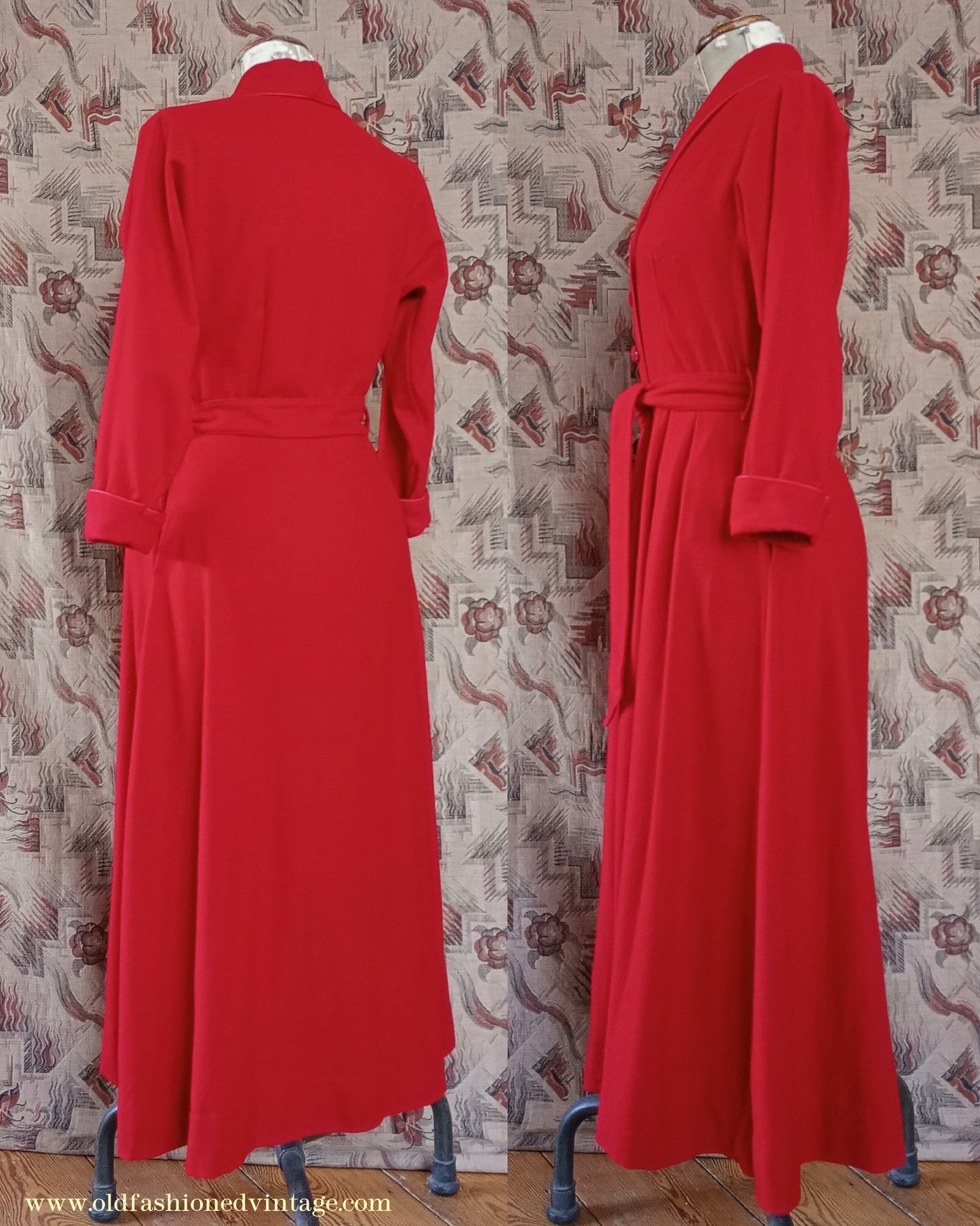 Vintage 1950s Housecoat Dressing Gown Red Wool Robe Zip & Button Front 1940s UK S