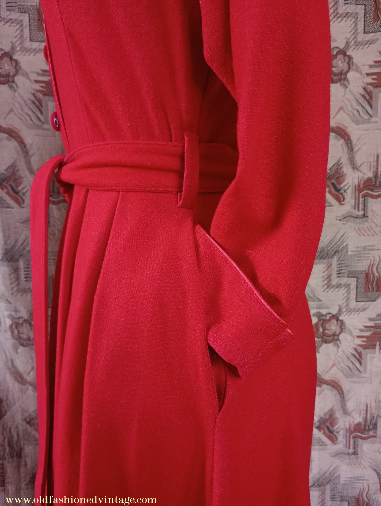 Vintage 1950s Housecoat Dressing Gown Red Wool Robe Zip & Button Front 1940s UK S