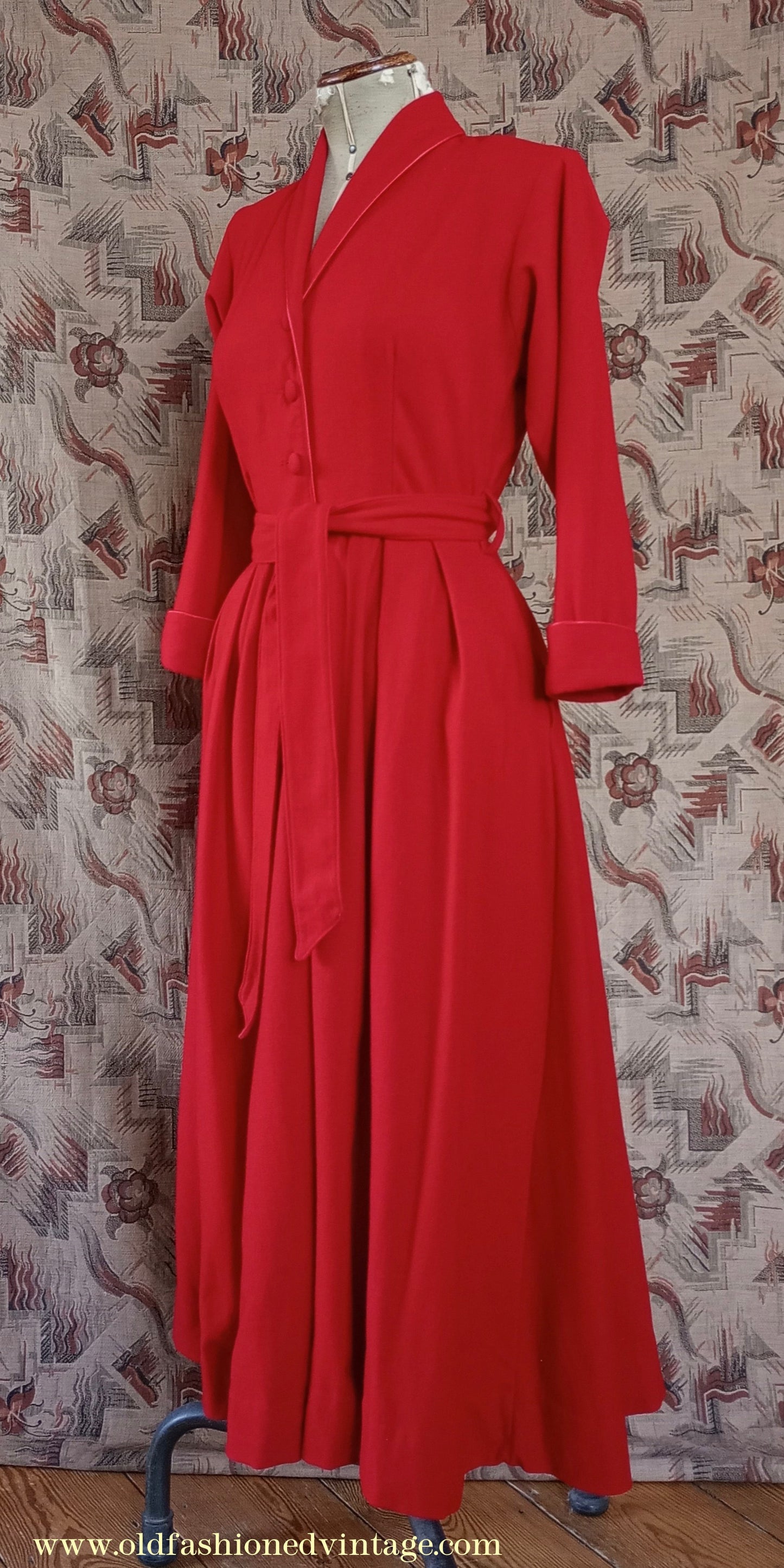 Vintage 1950s Housecoat Dressing Gown Red Wool Robe Zip & Button Front 1940s UK S