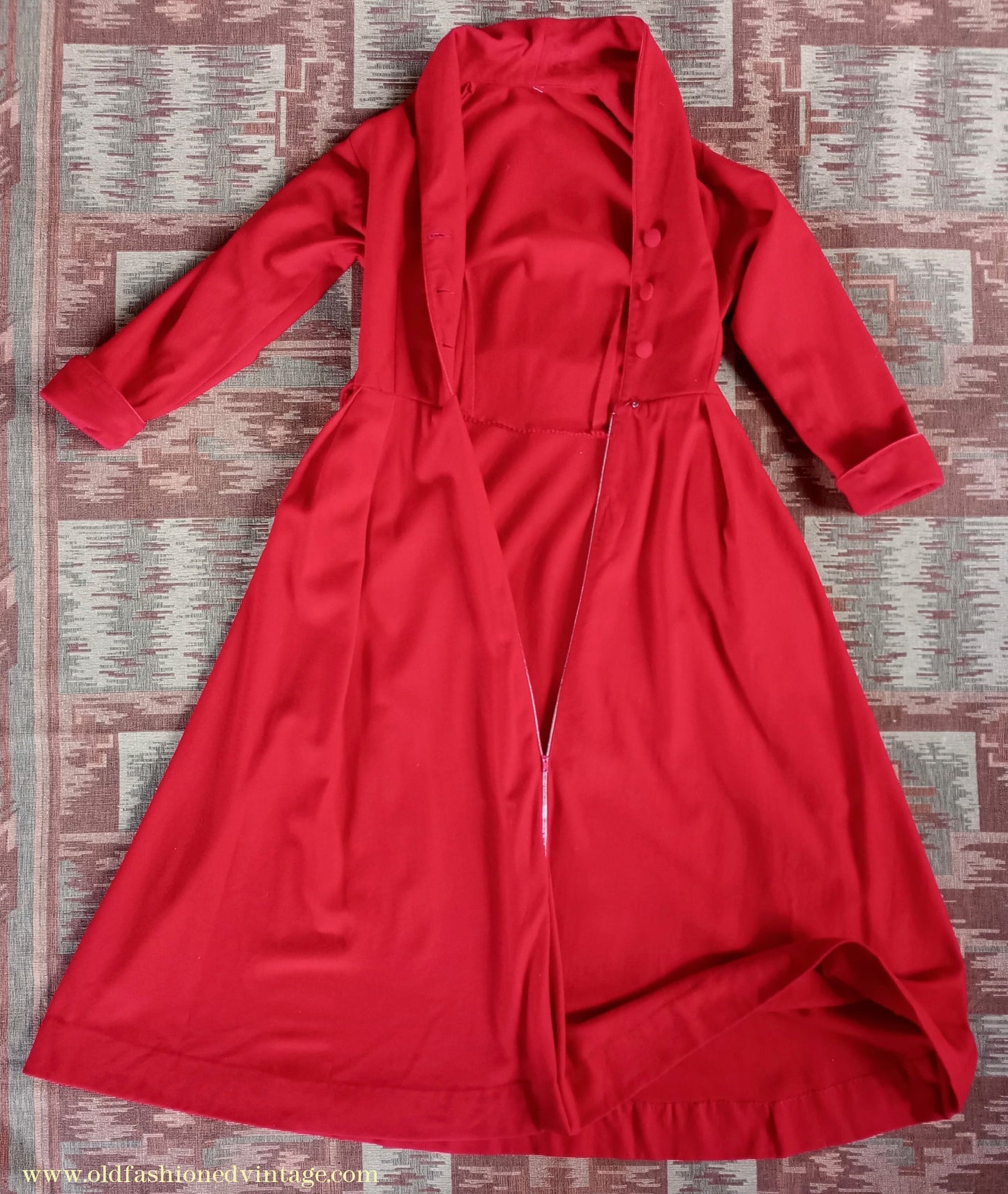 Vintage 1950s Housecoat Dressing Gown Red Wool Robe Zip & Button Front 1940s UK S