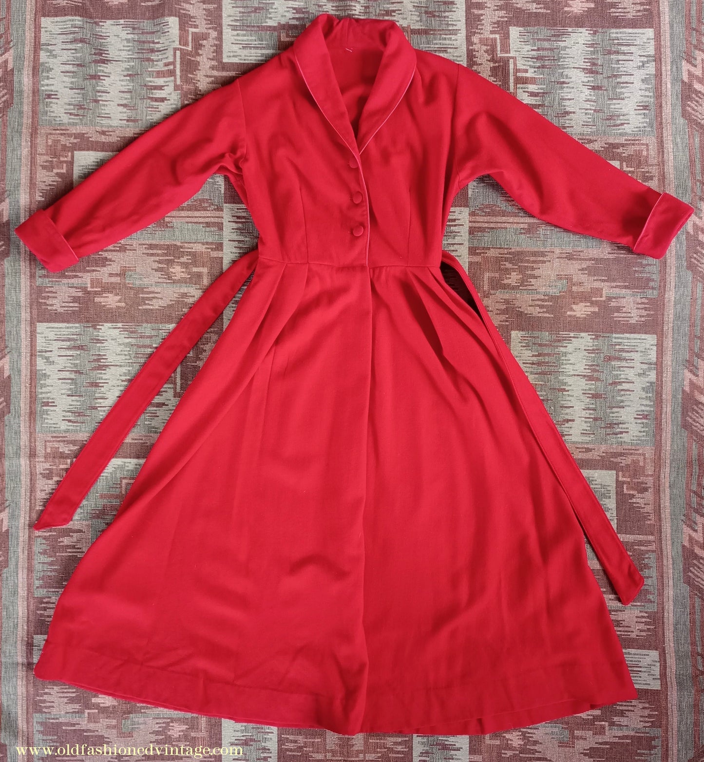 Vintage 1950s Housecoat Dressing Gown Red Wool Robe Zip & Button Front 1940s UK S