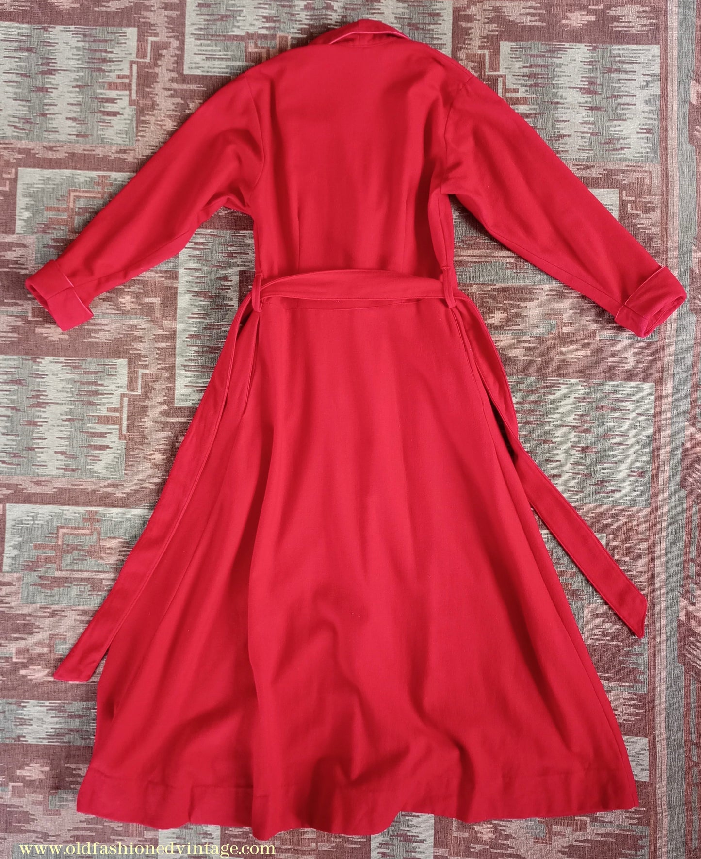 Vintage 1950s Housecoat Dressing Gown Red Wool Robe Zip & Button Front 1940s UK S