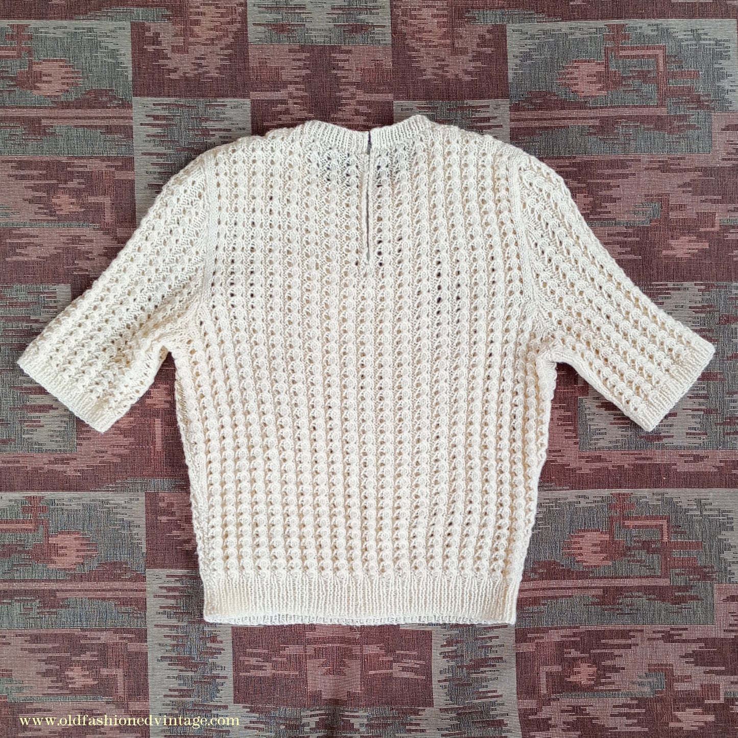 Vintage 1950s 60s Hand Knitted Jumper Cream Lacey Knit Sweater UK L