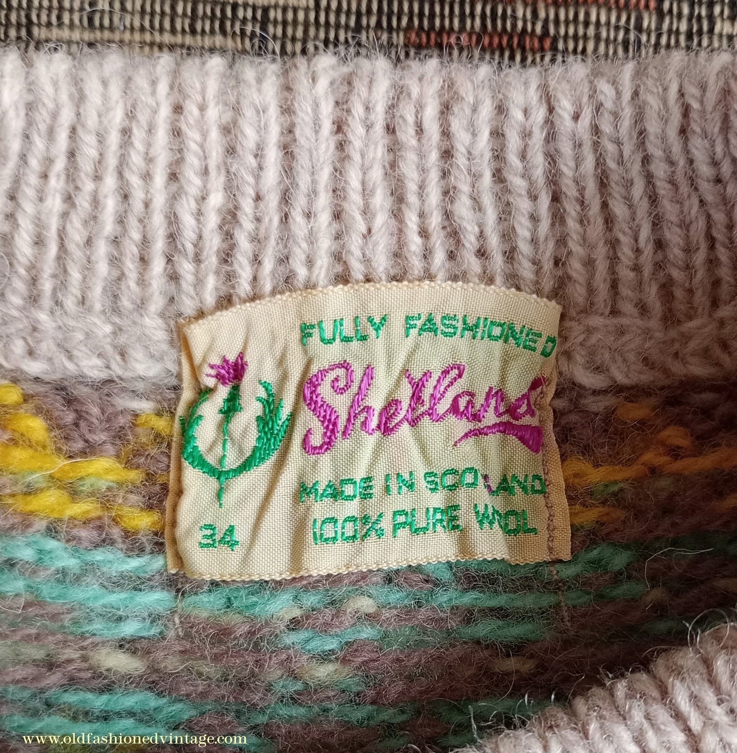 Original Vintage 1950s Knitted Sweater Oatmeal Fair Isle Argyle Diamond Yoke Jumper UK S