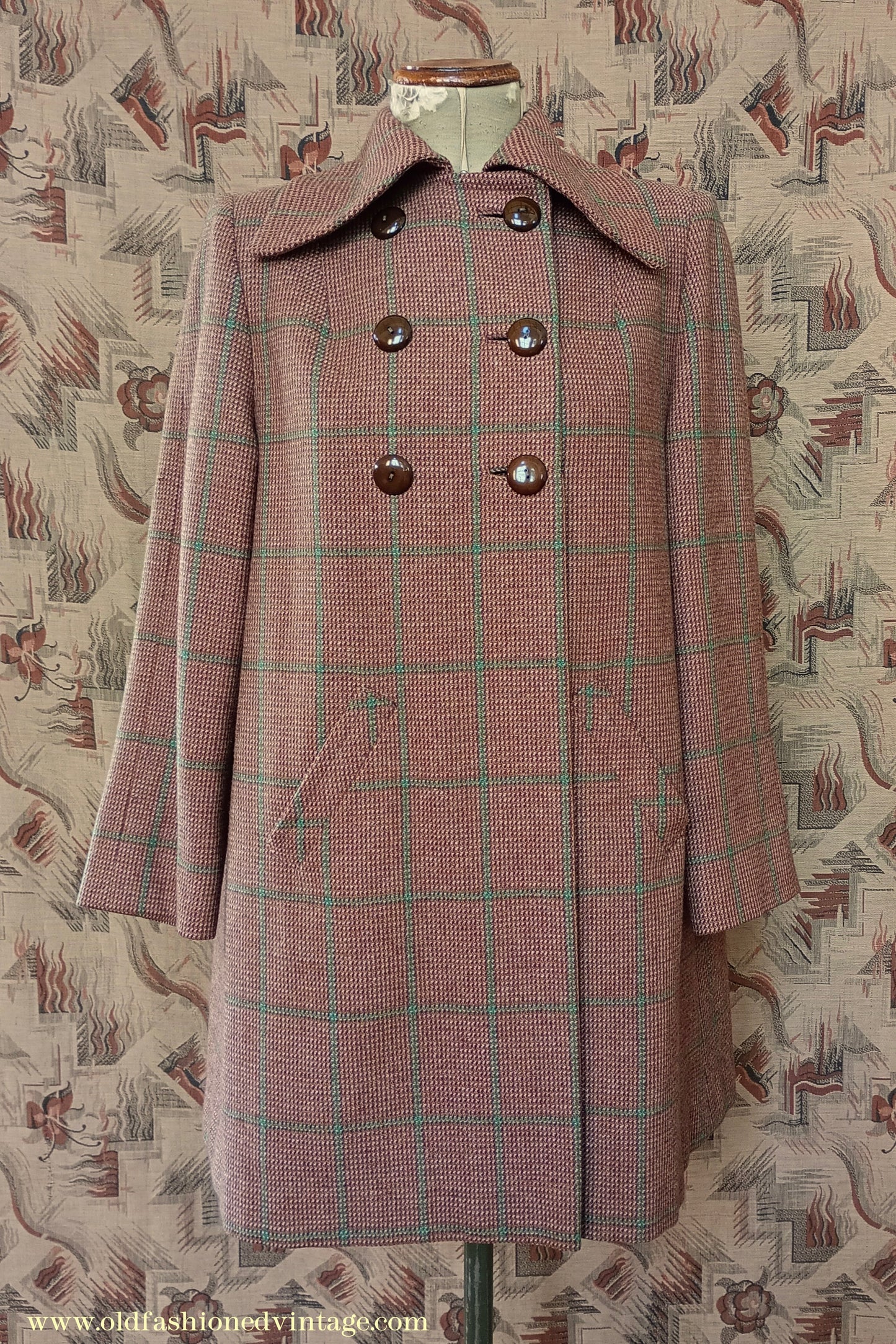 RARE 1940s Checked Swagger Swing Jacket Brown Green Checked Tweed Wool Coat UK S/M