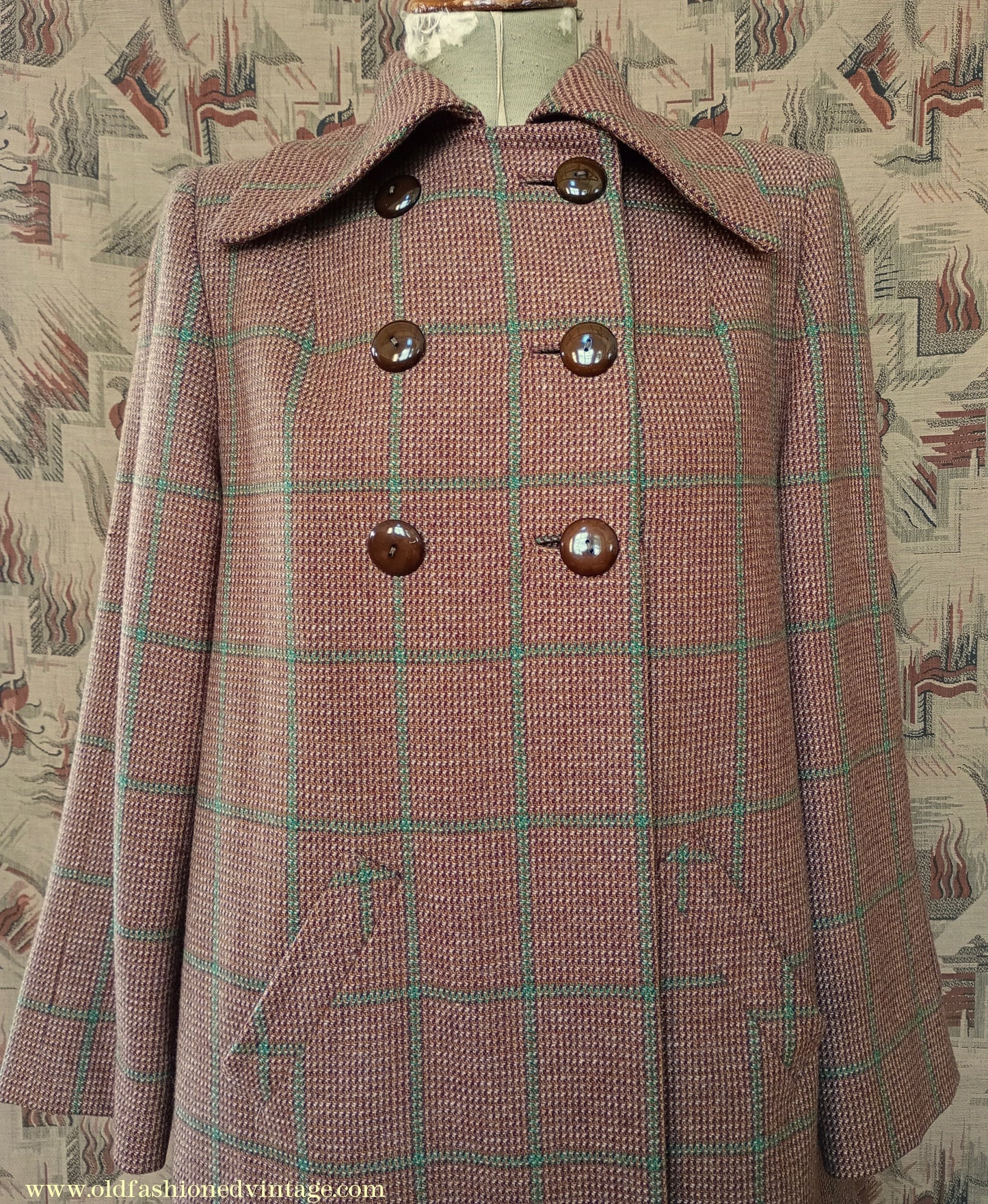 RARE 1940s Checked Swagger Swing Jacket Brown Green Checked Tweed Wool Coat UK S/M