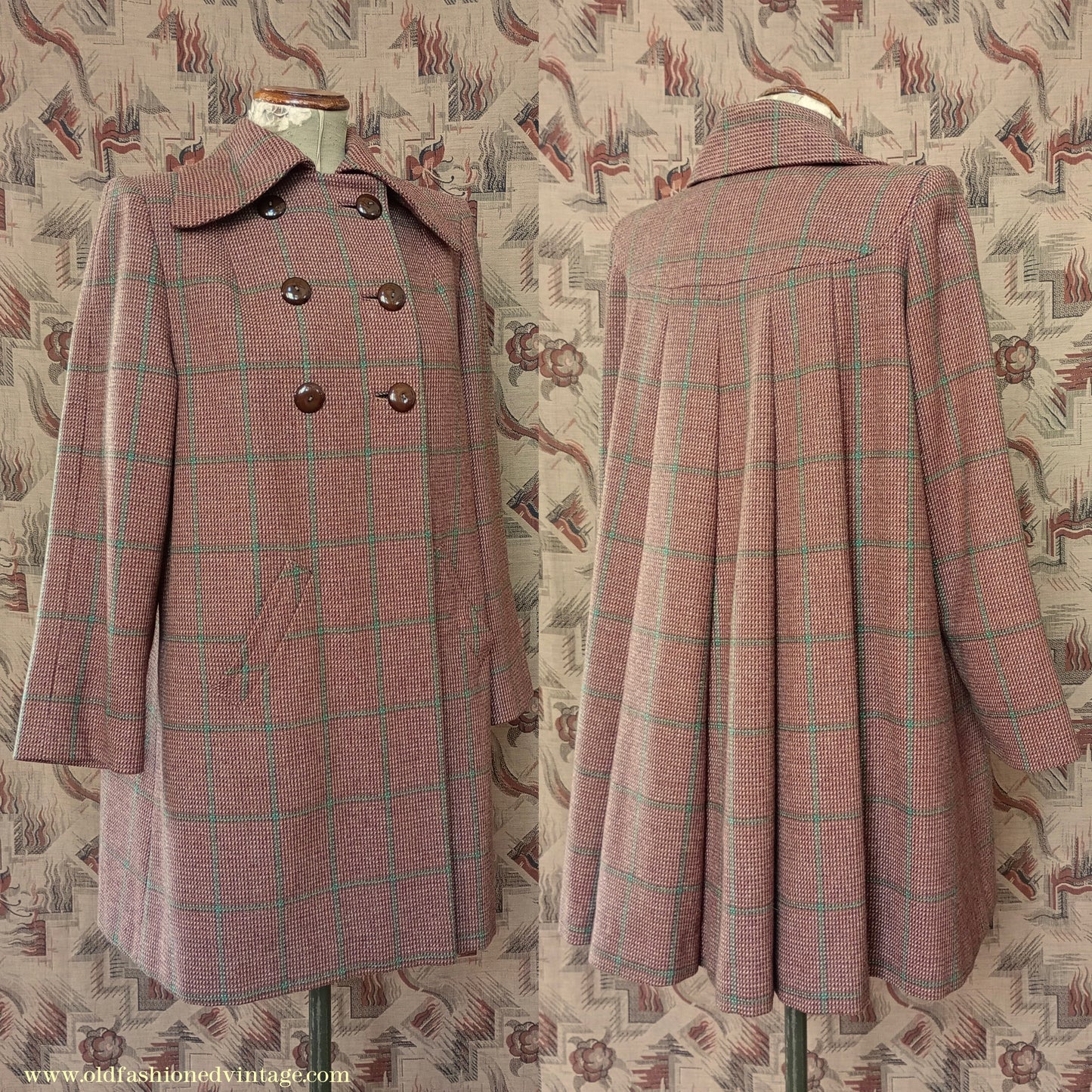 RARE 1940s Checked Swagger Swing Jacket Brown Green Checked Tweed Wool Coat UK S/M