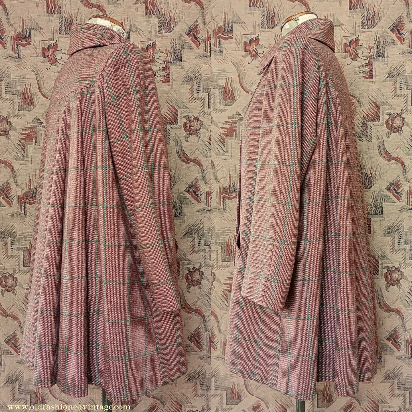 RARE 1940s Checked Swagger Swing Jacket Brown Green Checked Tweed Wool Coat UK S/M