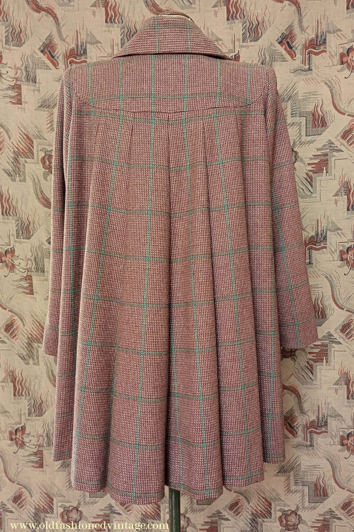 RARE 1940s Checked Swagger Swing Jacket Brown Green Checked Tweed Wool Coat UK S/M