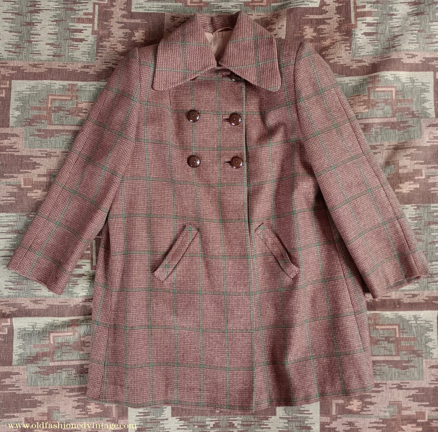 RARE 1940s Checked Swagger Swing Jacket Brown Green Checked Tweed Wool Coat UK S/M
