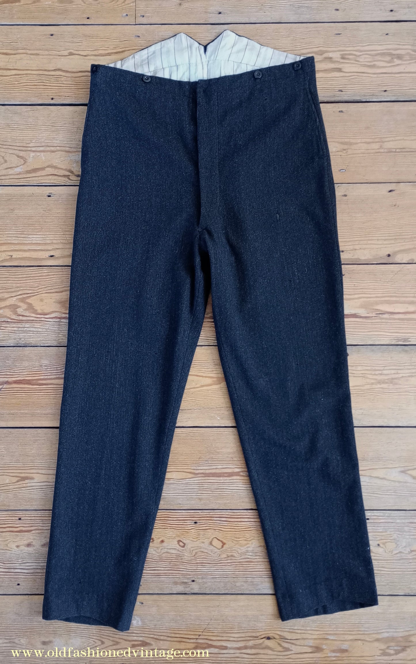 Vintage Mens 1910s 1920s Trousers Charcoal Grey Herringbone Wool Pants Shabby Distressed Workwear Edwardian 38"