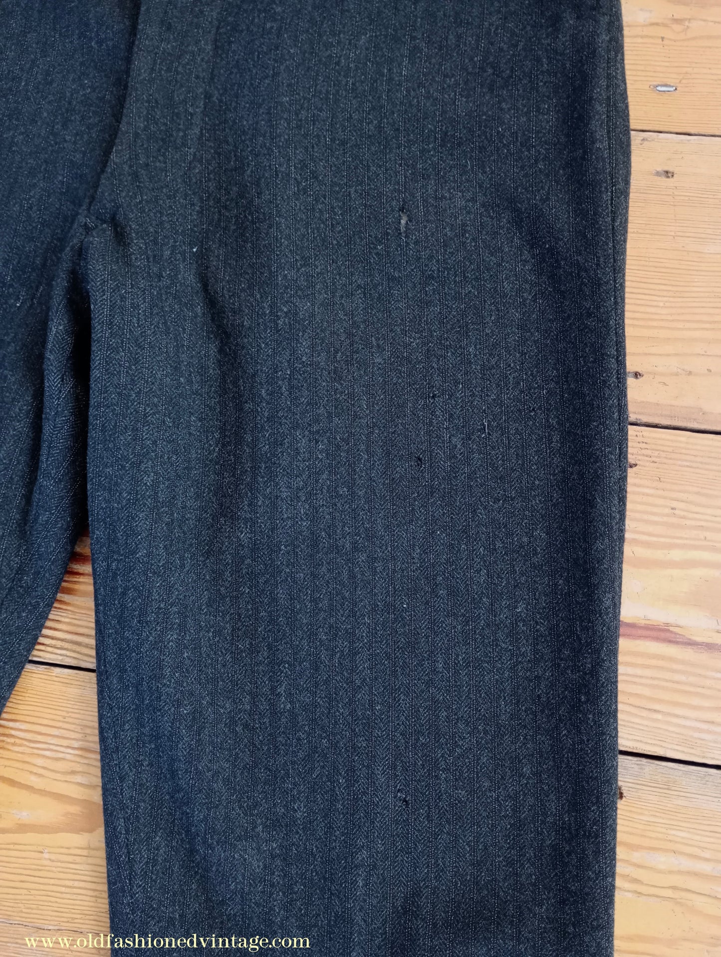 Vintage Mens 1910s 1920s Trousers Charcoal Grey Herringbone Wool Pants Shabby Distressed Workwear Edwardian 38"