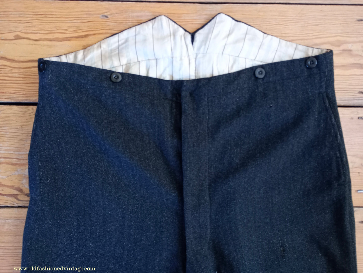 Vintage Mens 1910s 1920s Trousers Charcoal Grey Herringbone Wool Pants Shabby Distressed Workwear Edwardian 38"