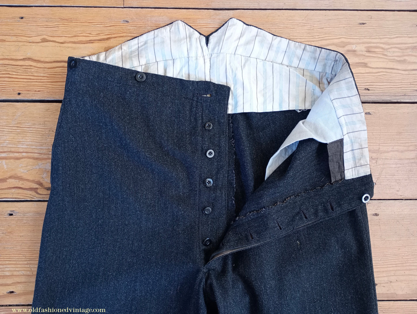 Vintage Mens 1910s 1920s Trousers Charcoal Grey Herringbone Wool Pants Shabby Distressed Workwear Edwardian 38"