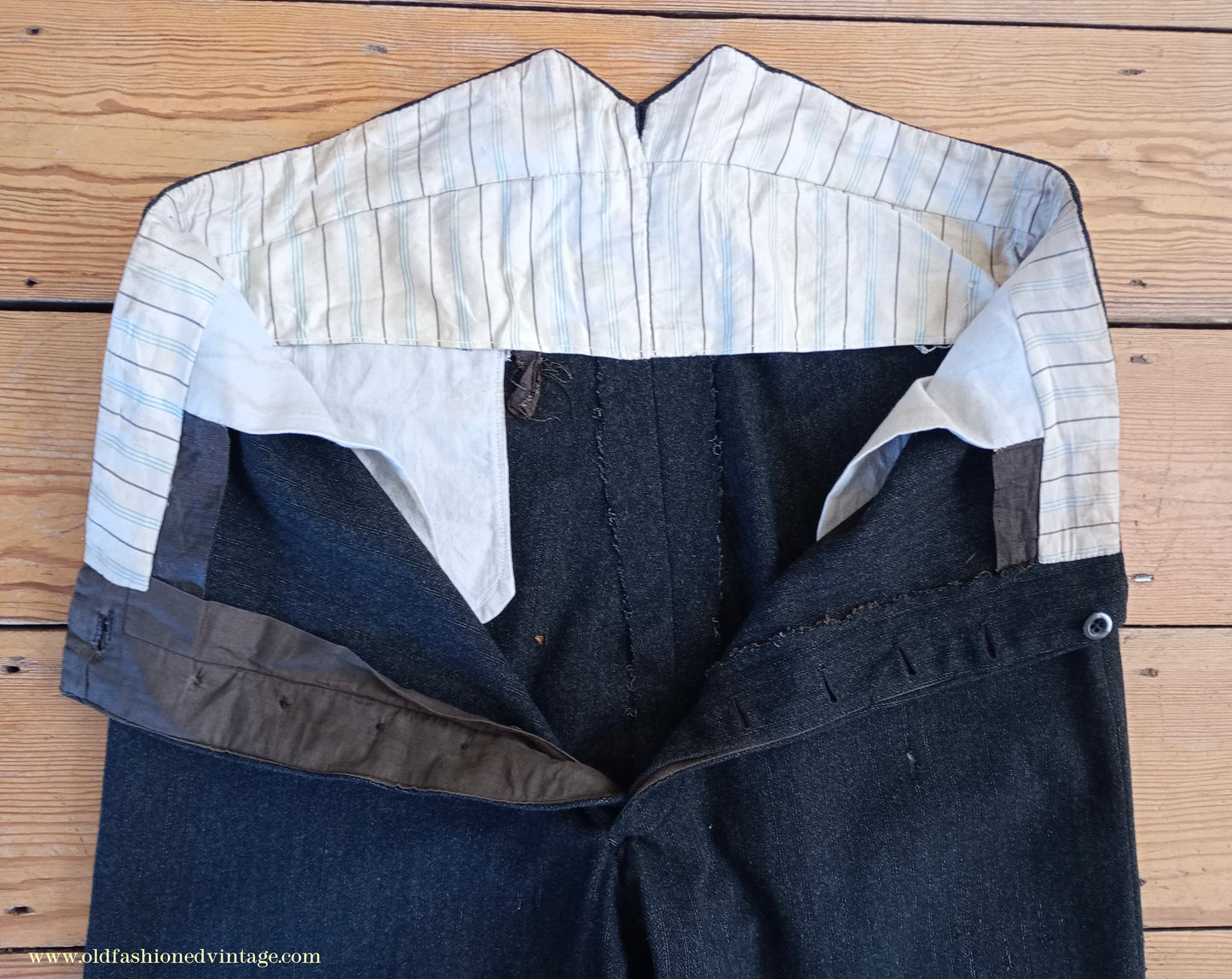 Vintage Mens 1910s 1920s Trousers Charcoal Grey Herringbone Wool Pants Shabby Distressed Workwear Edwardian 38"