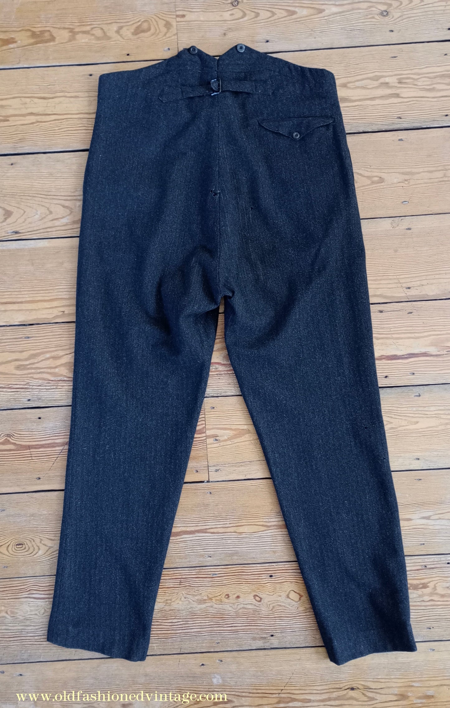 Vintage Mens 1910s 1920s Trousers Charcoal Grey Herringbone Wool Pants Shabby Distressed Workwear Edwardian 38"