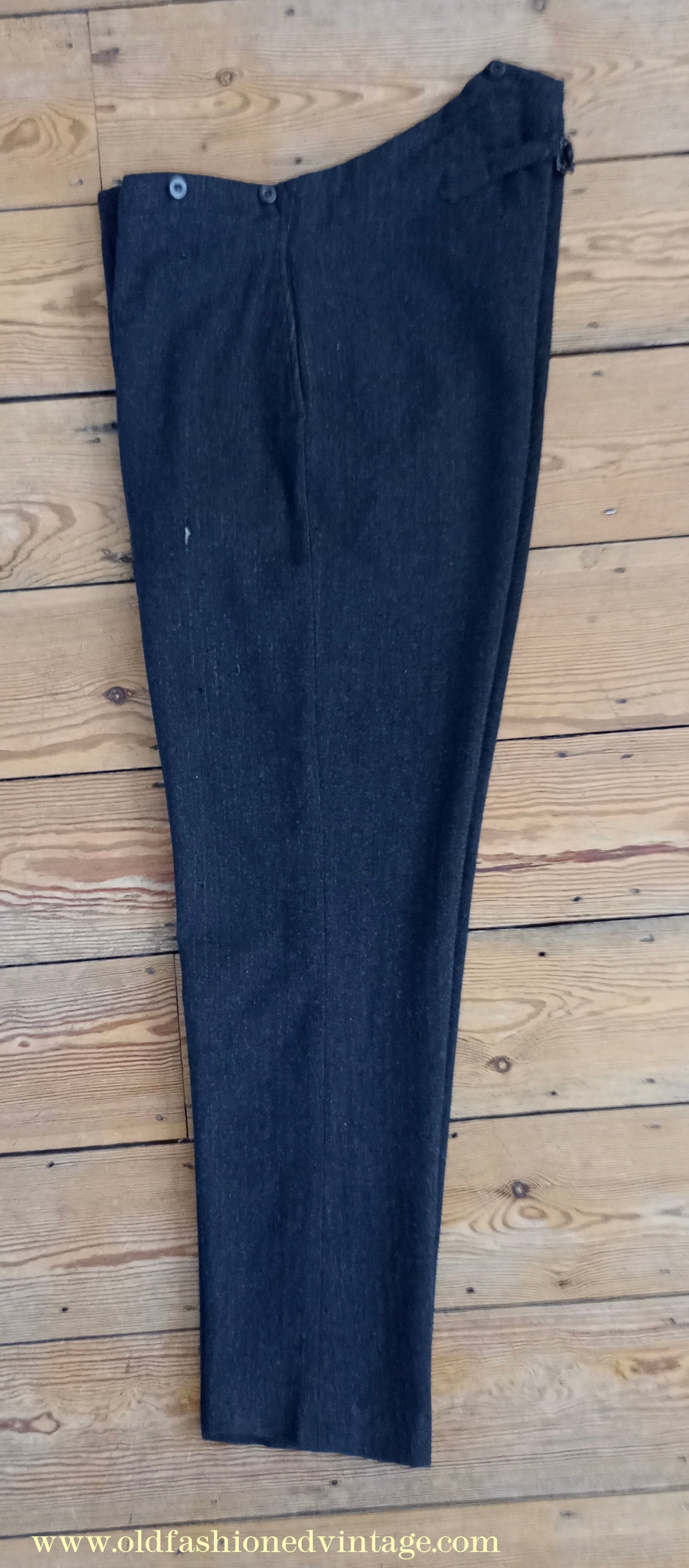 Vintage Mens 1910s 1920s Trousers Charcoal Grey Herringbone Wool Pants Shabby Distressed Workwear Edwardian 38"