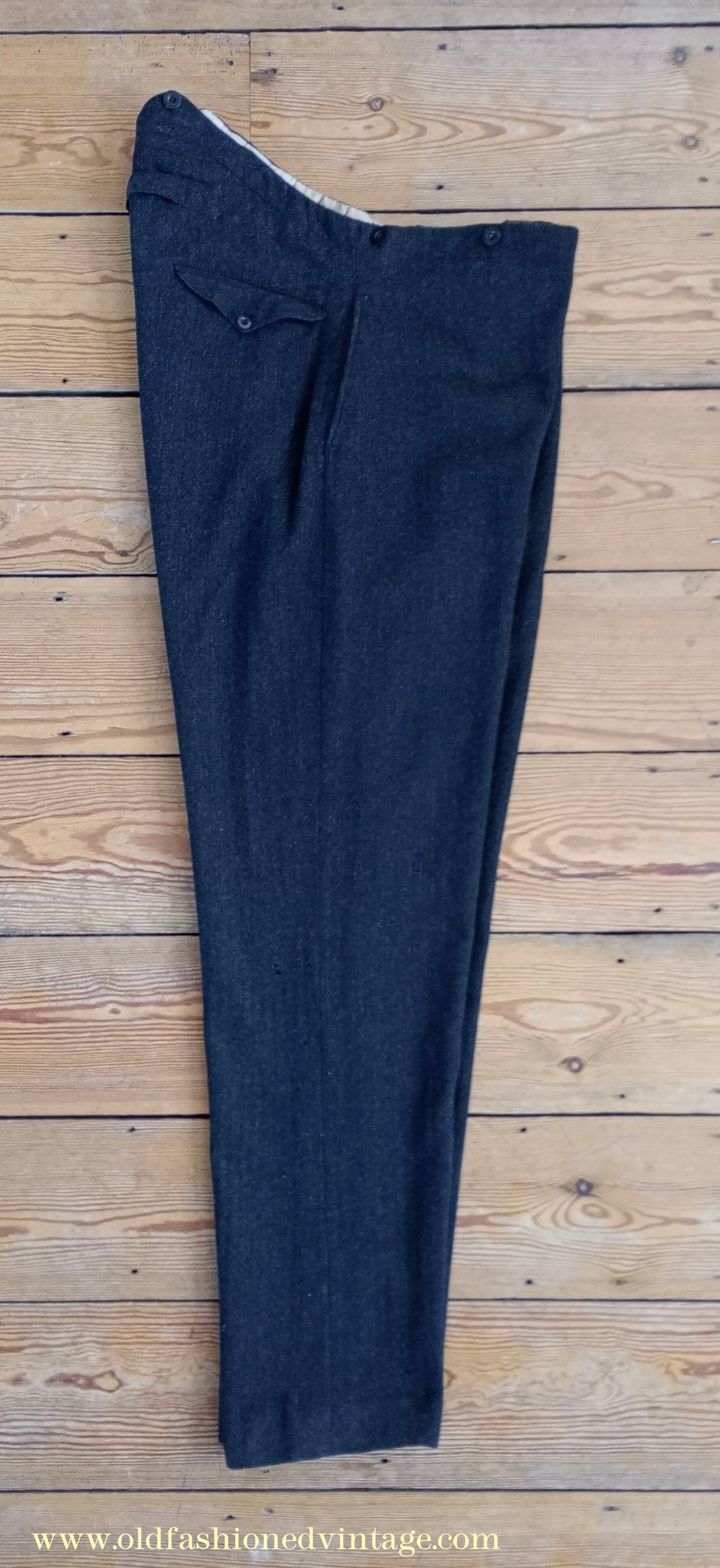 Vintage Mens 1910s 1920s Trousers Charcoal Grey Herringbone Wool Pants Shabby Distressed Workwear Edwardian 38"