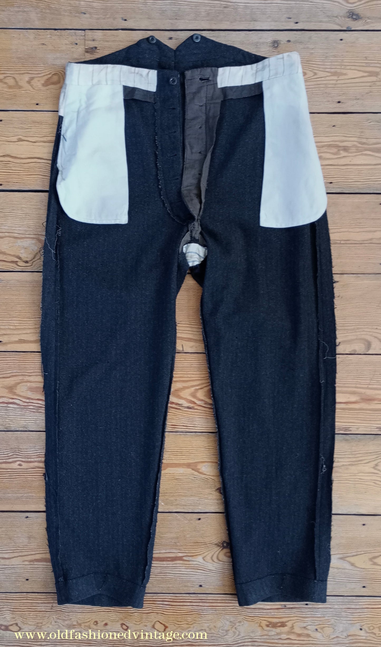Vintage Mens 1910s 1920s Trousers Charcoal Grey Herringbone Wool Pants Shabby Distressed Workwear Edwardian 38"