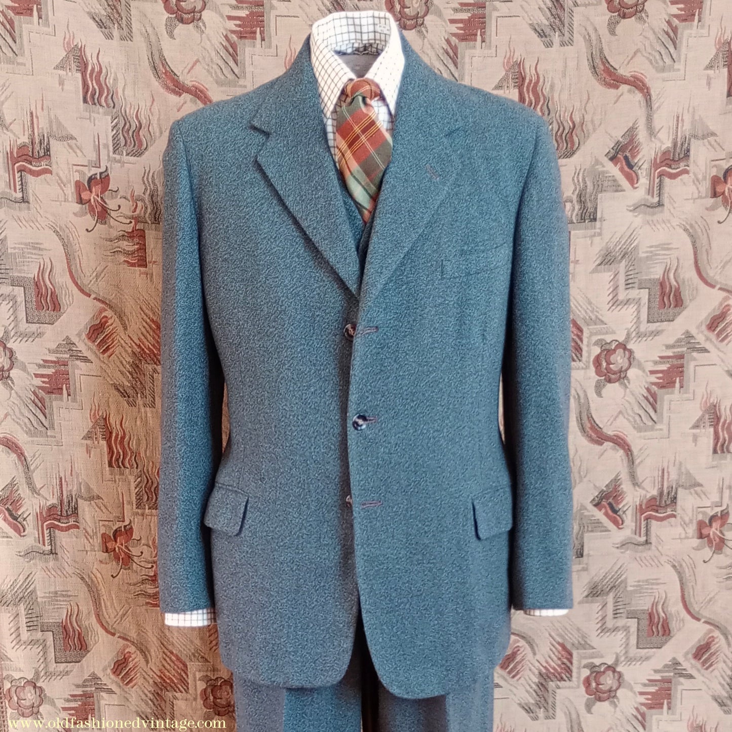 Vintage Mens 1950s 1960 Burtons Tweed 3 Piece Suit Teal Brown Speckled Fleck Thornproof Wool 40"