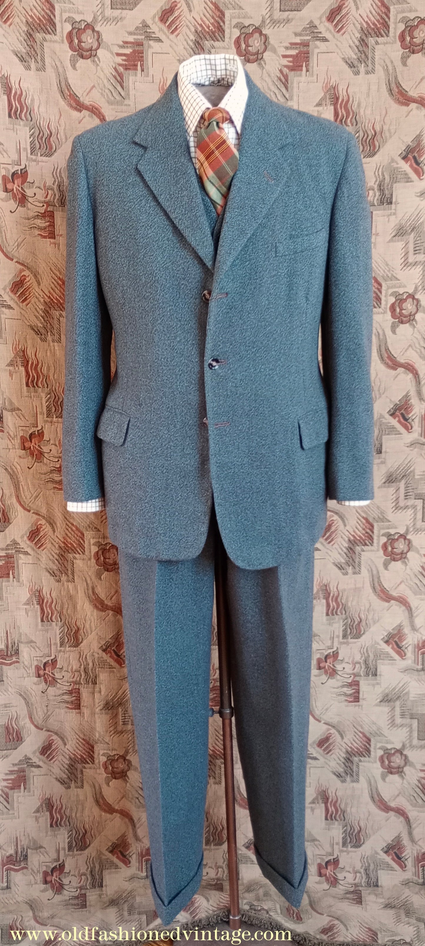 Vintage Mens 1950s 1960 Burtons Tweed 3 Piece Suit Teal Brown Speckled Fleck Thornproof Wool 40"