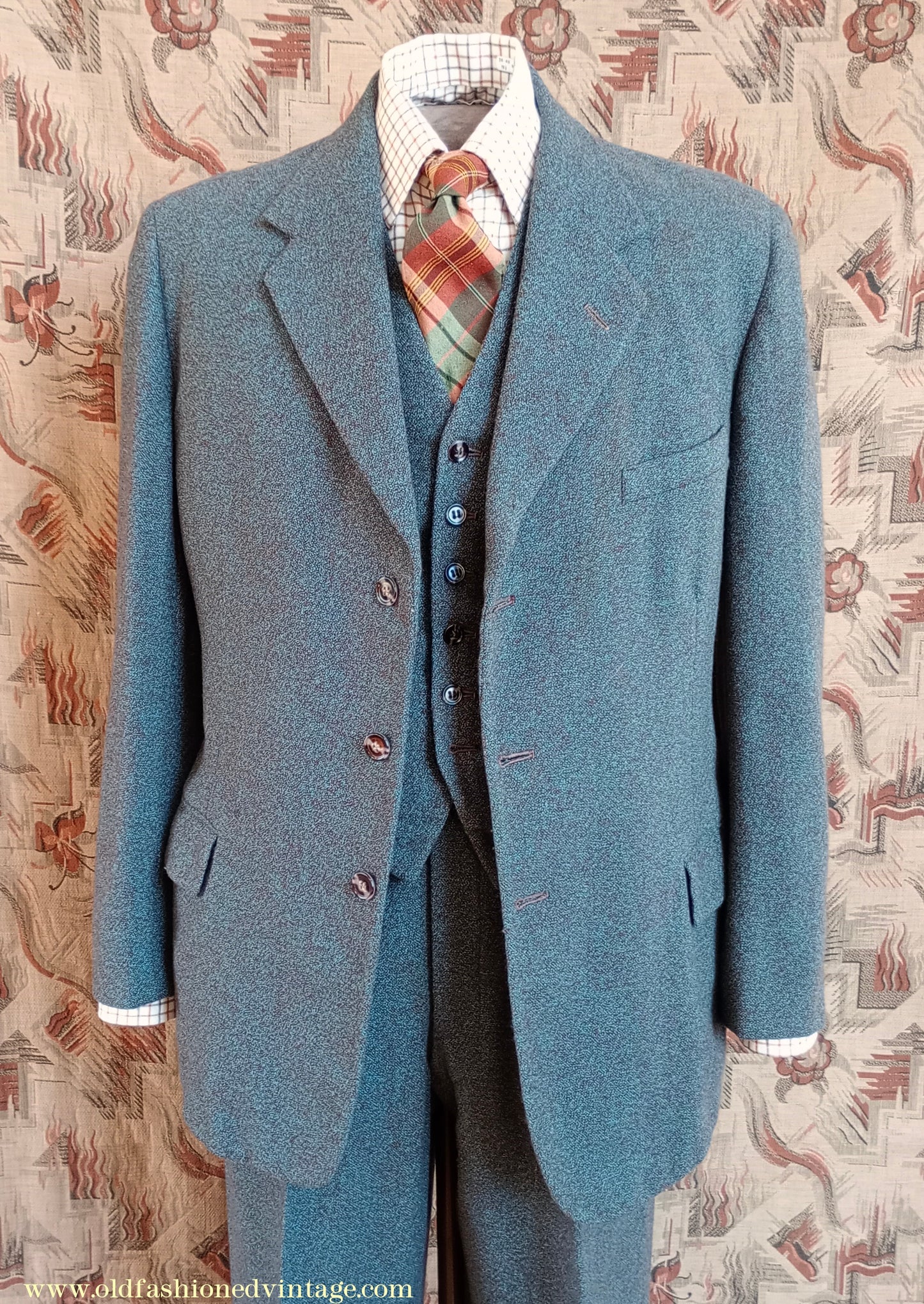 Vintage Mens 1950s 1960 Burtons Tweed 3 Piece Suit Teal Brown Speckled Fleck Thornproof Wool 40"