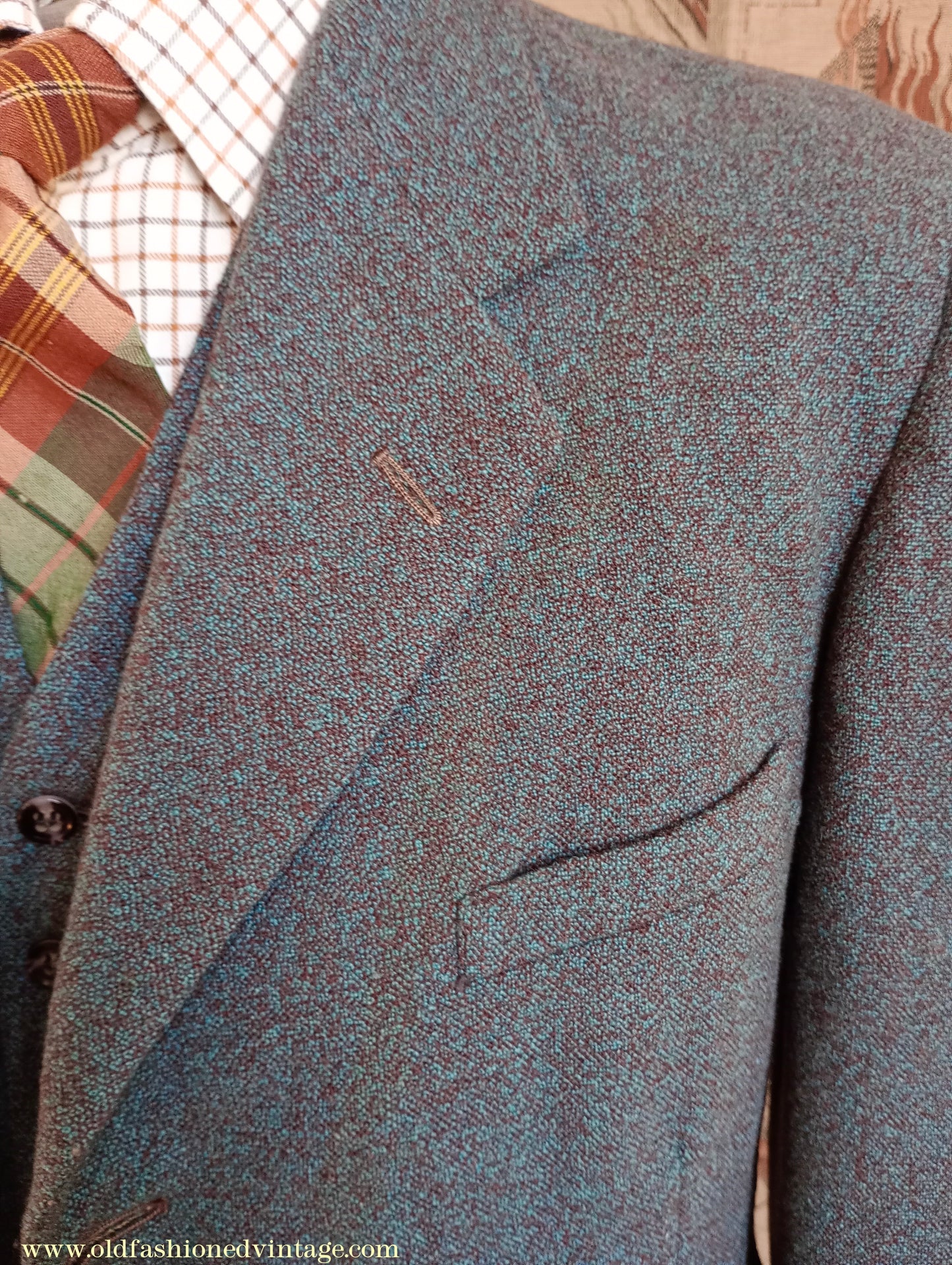 Vintage Mens 1950s 1960 Burtons Tweed 3 Piece Suit Teal Brown Speckled Fleck Thornproof Wool 40"