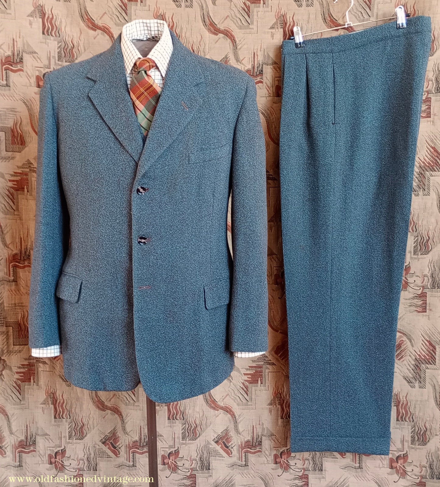 Vintage Mens 1950s 1960 Burtons Tweed 3 Piece Suit Teal Brown Speckled Fleck Thornproof Wool 40"