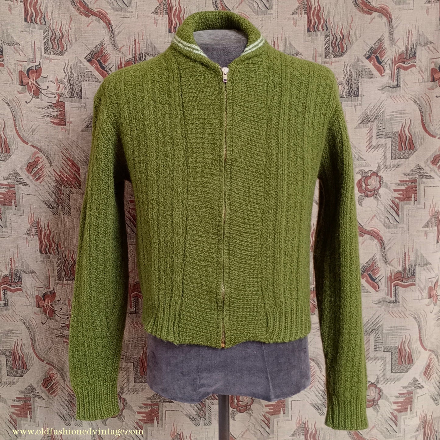 Vintage Mens 1950s Knitted Lumberjacket Zip Up Cardigan Sweater Olive Green Wool S/M