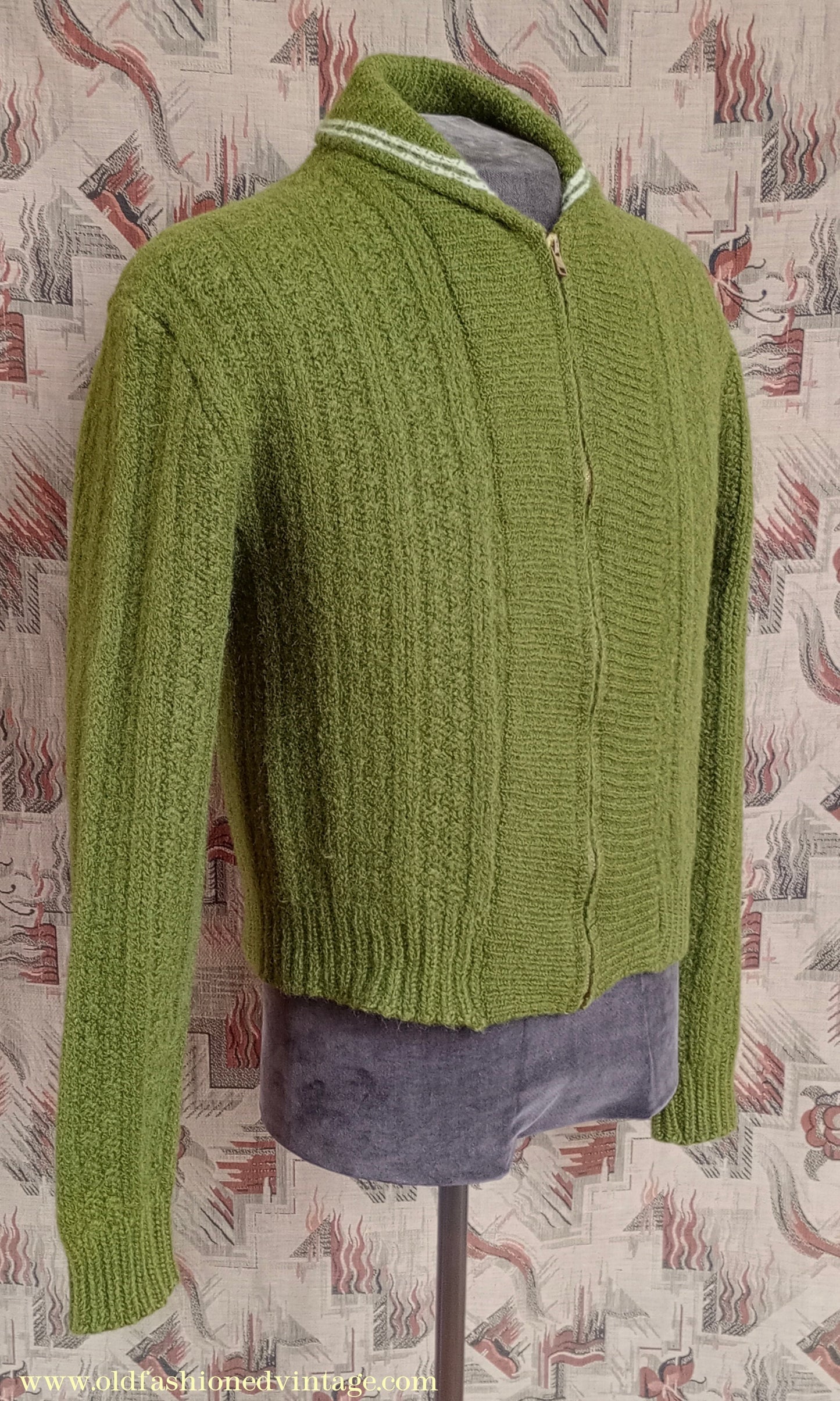 Vintage Mens 1950s Knitted Lumberjacket Zip Up Cardigan Sweater Olive Green Wool S/M