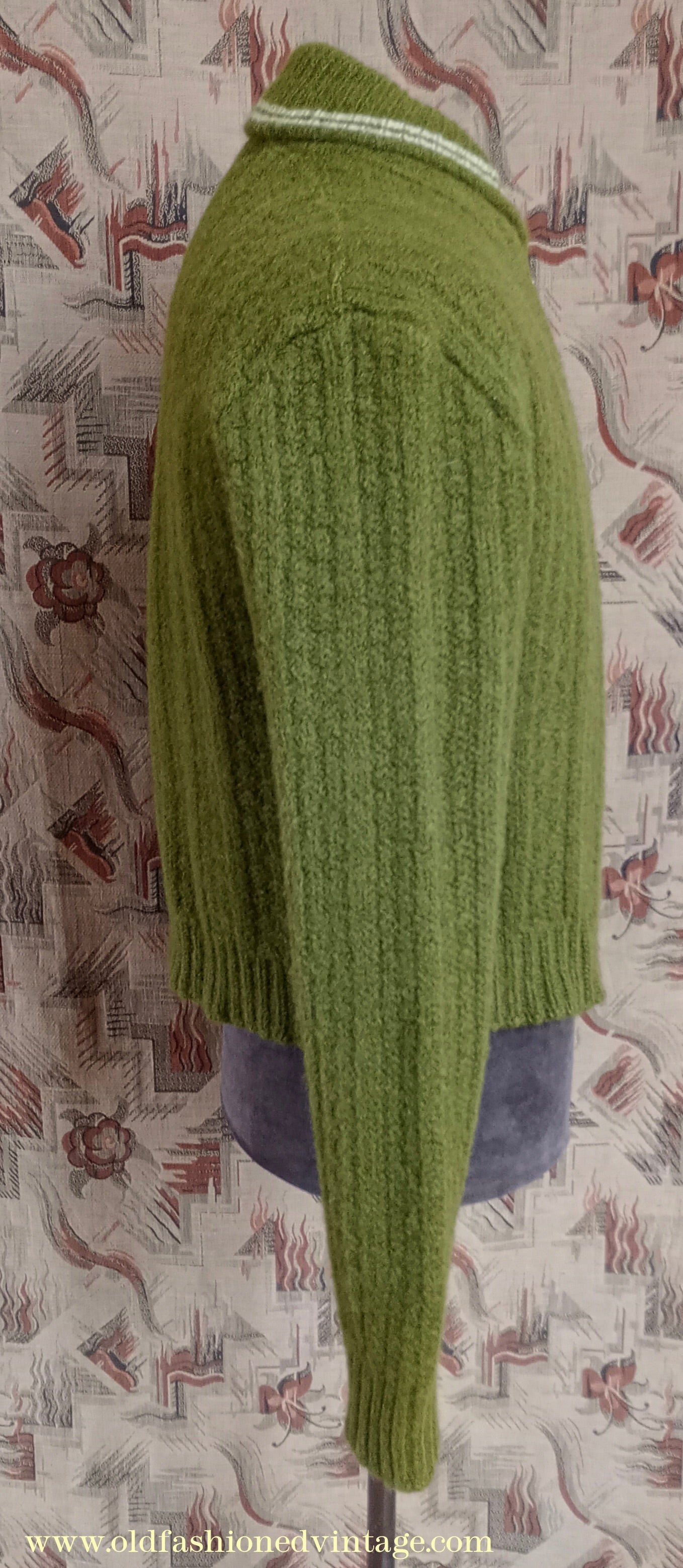 Vintage Mens 1950s Knitted Lumberjacket Zip Up Cardigan Sweater Olive Green Wool S/M