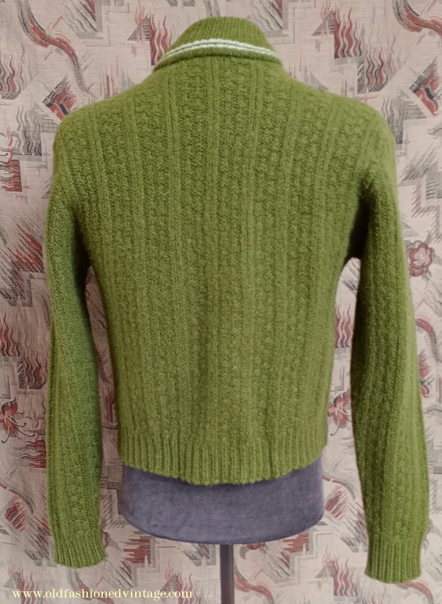 Vintage Mens 1950s Knitted Lumberjacket Zip Up Cardigan Sweater Olive Green Wool S/M