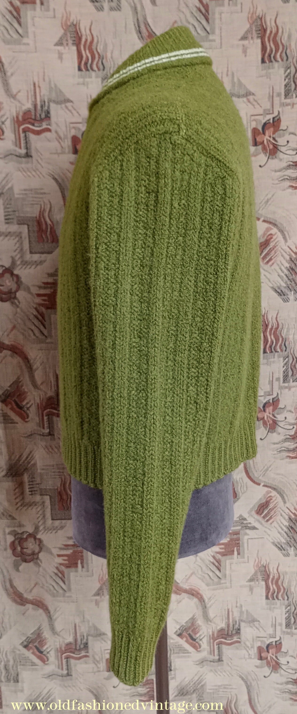 Vintage Mens 1950s Knitted Lumberjacket Zip Up Cardigan Sweater Olive Green Wool S/M
