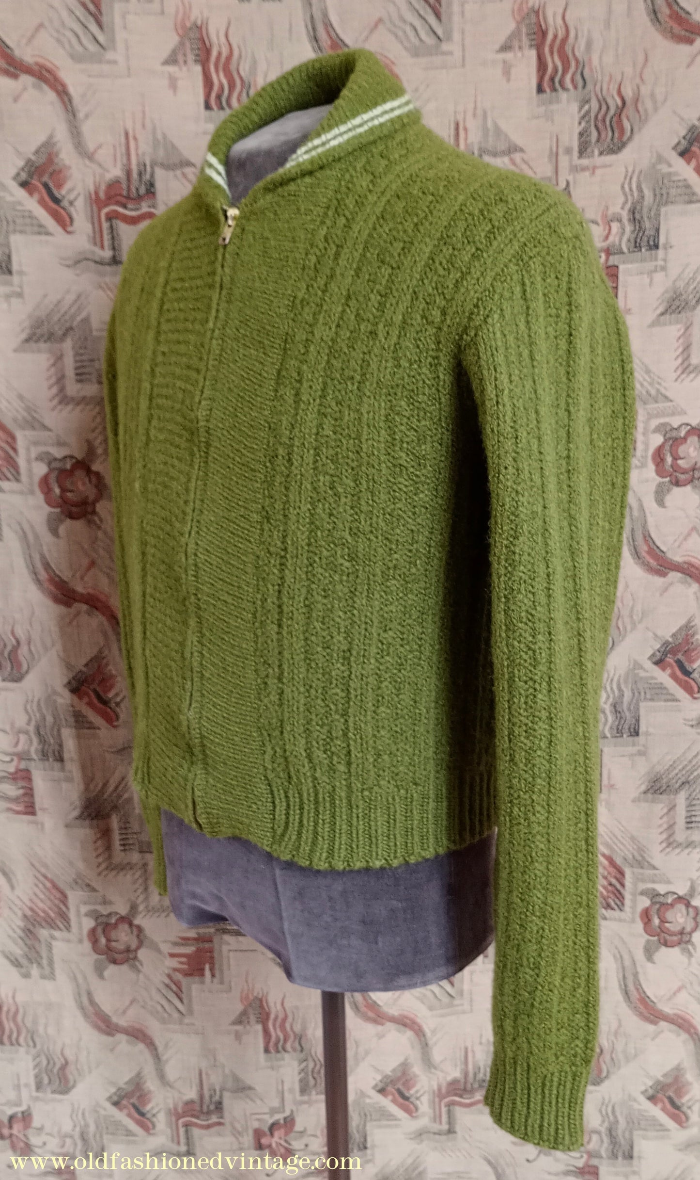 Vintage Mens 1950s Knitted Lumberjacket Zip Up Cardigan Sweater Olive Green Wool S/M