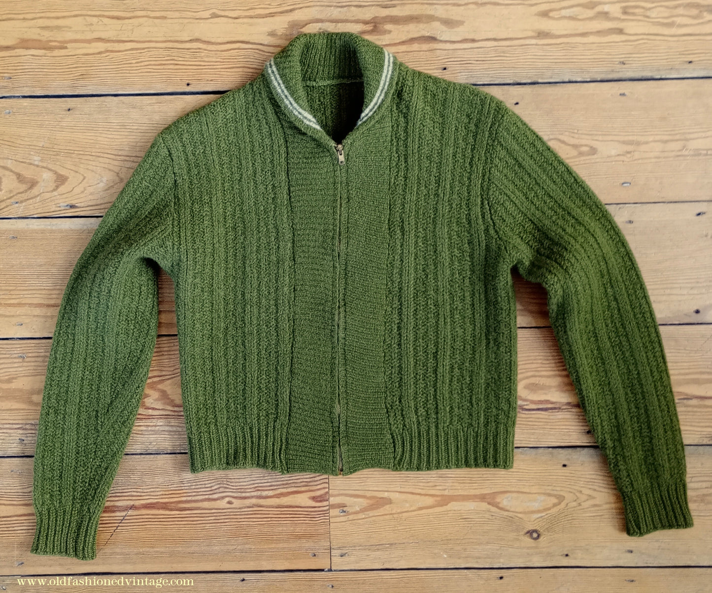 Vintage Mens 1950s Knitted Lumberjacket Zip Up Cardigan Sweater Olive Green Wool S/M