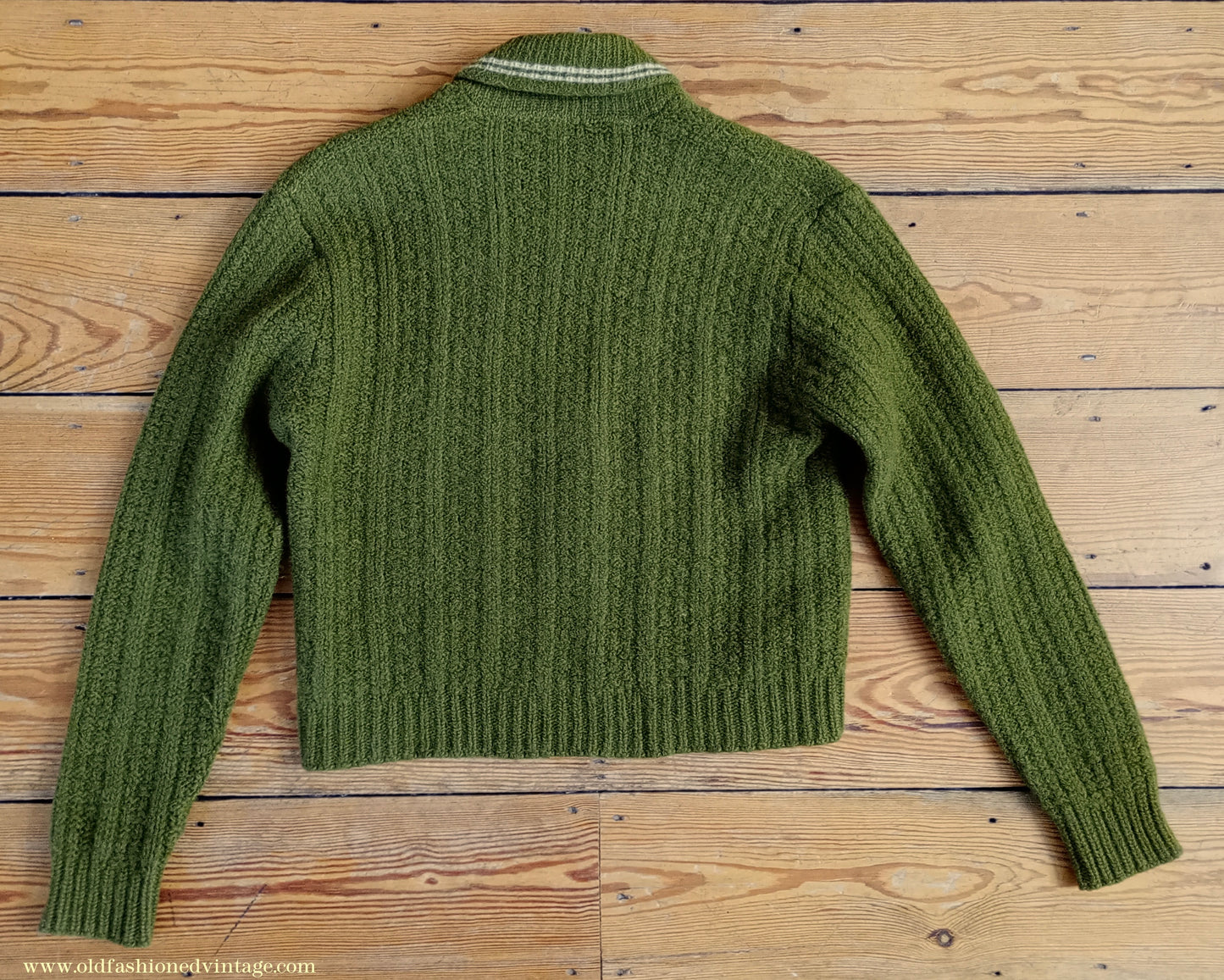 Vintage Mens 1950s Knitted Lumberjacket Zip Up Cardigan Sweater Olive Green Wool S/M